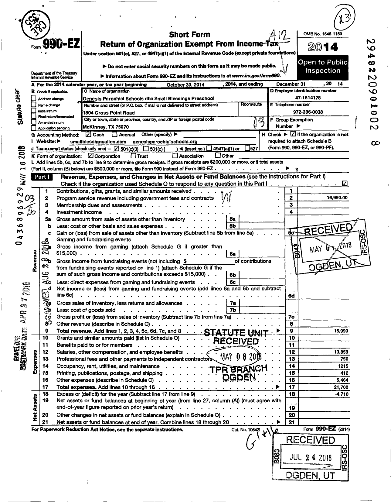 Image of first page of 2014 Form 990EZ for Genesis Parochial Schools