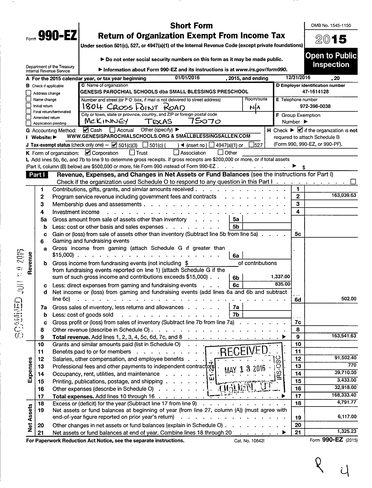 Image of first page of 2016 Form 990EZ for Genesis Parochial Schools