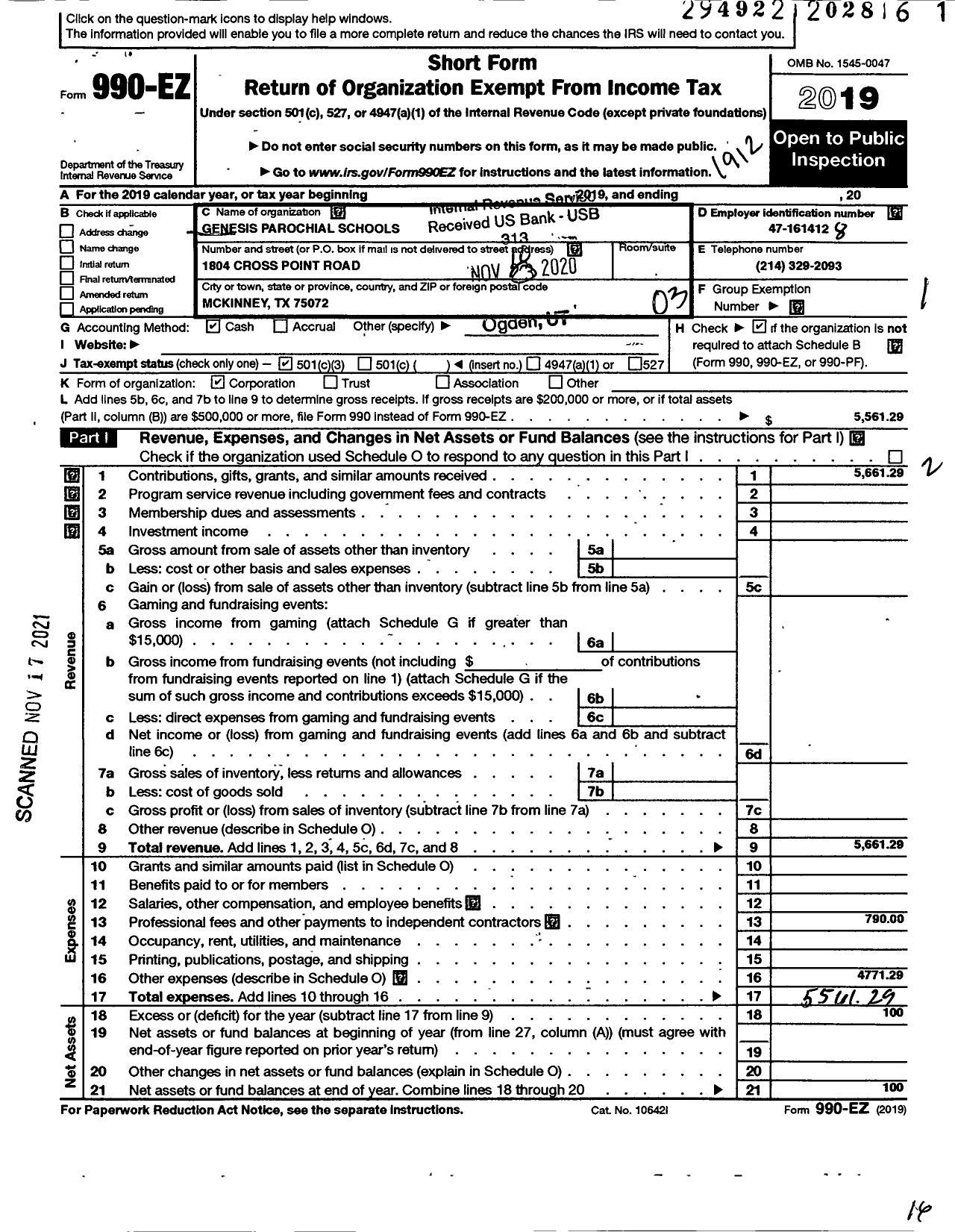 Image of first page of 2019 Form 990EZ for Genesis Parochial Schools