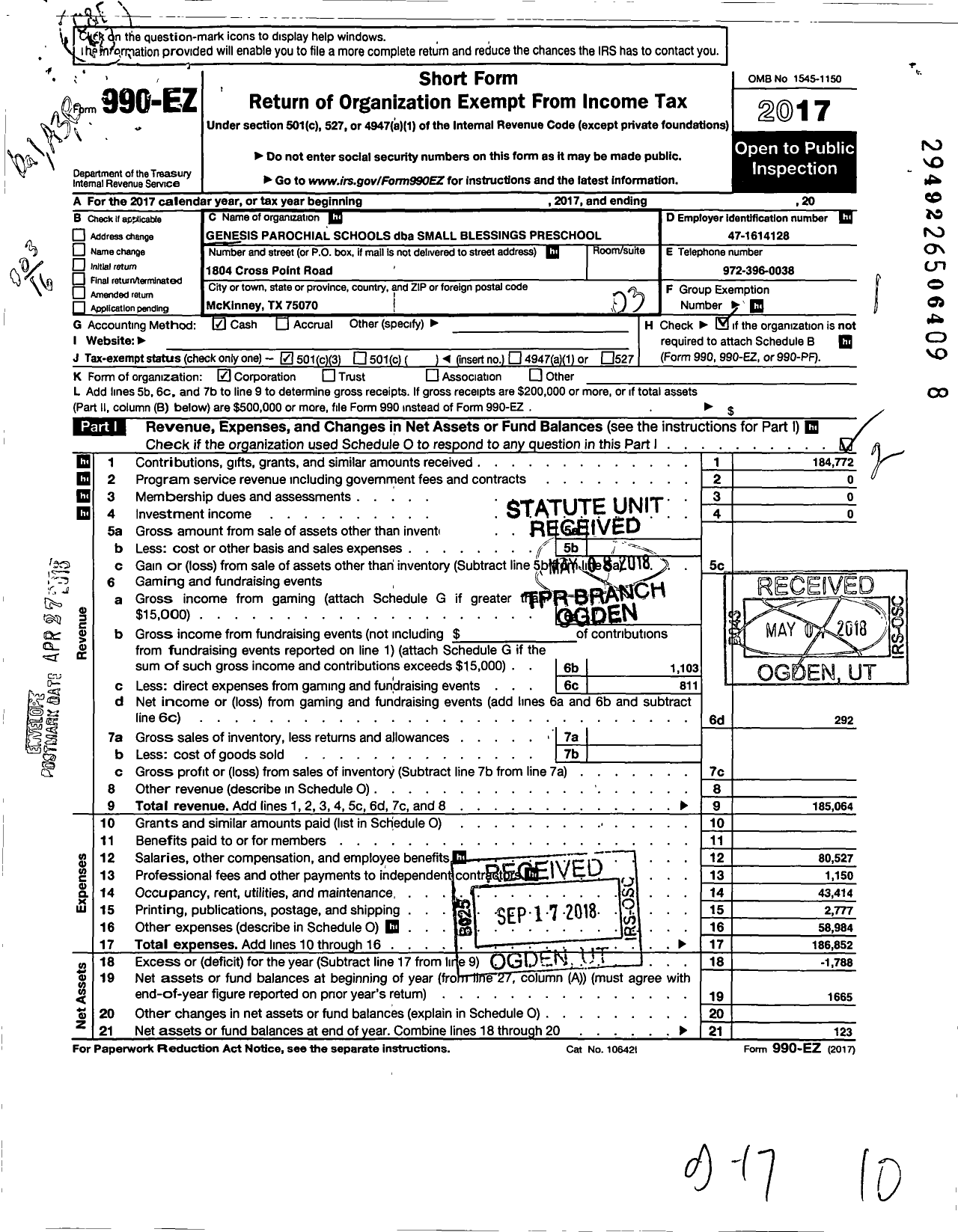 Image of first page of 2017 Form 990EZ for Genesis Parochial Schools