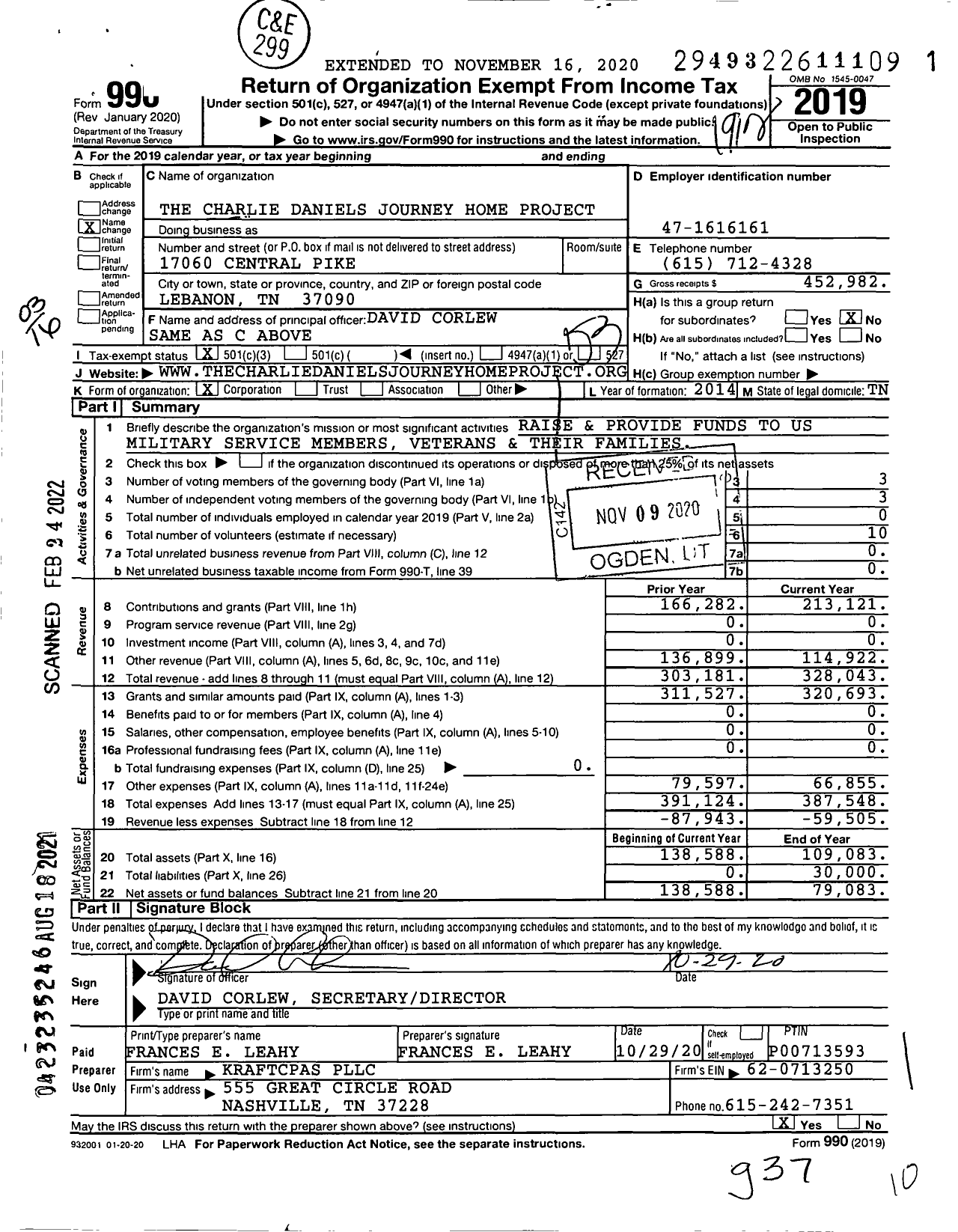 Image of first page of 2019 Form 990 for The Charlie Daniels Journey Home Project