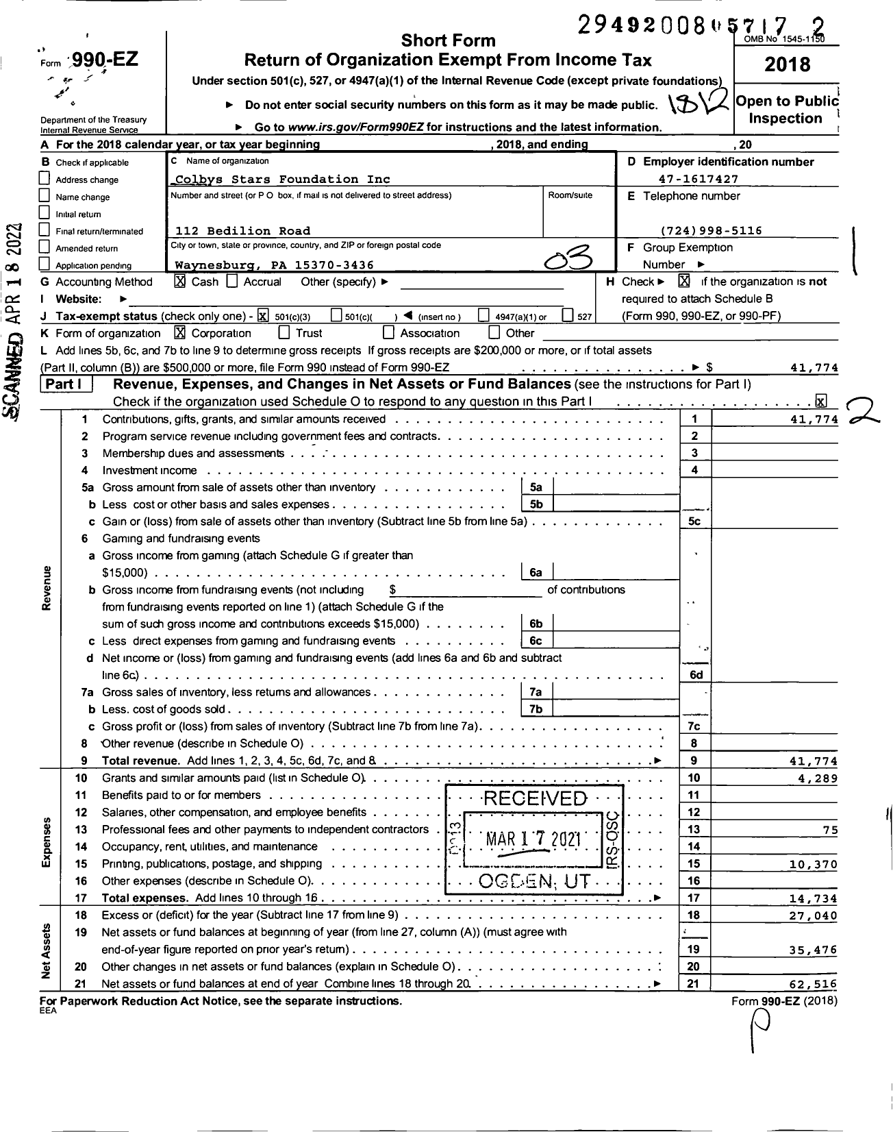 Image of first page of 2018 Form 990EZ for Colbys Stars Foundation