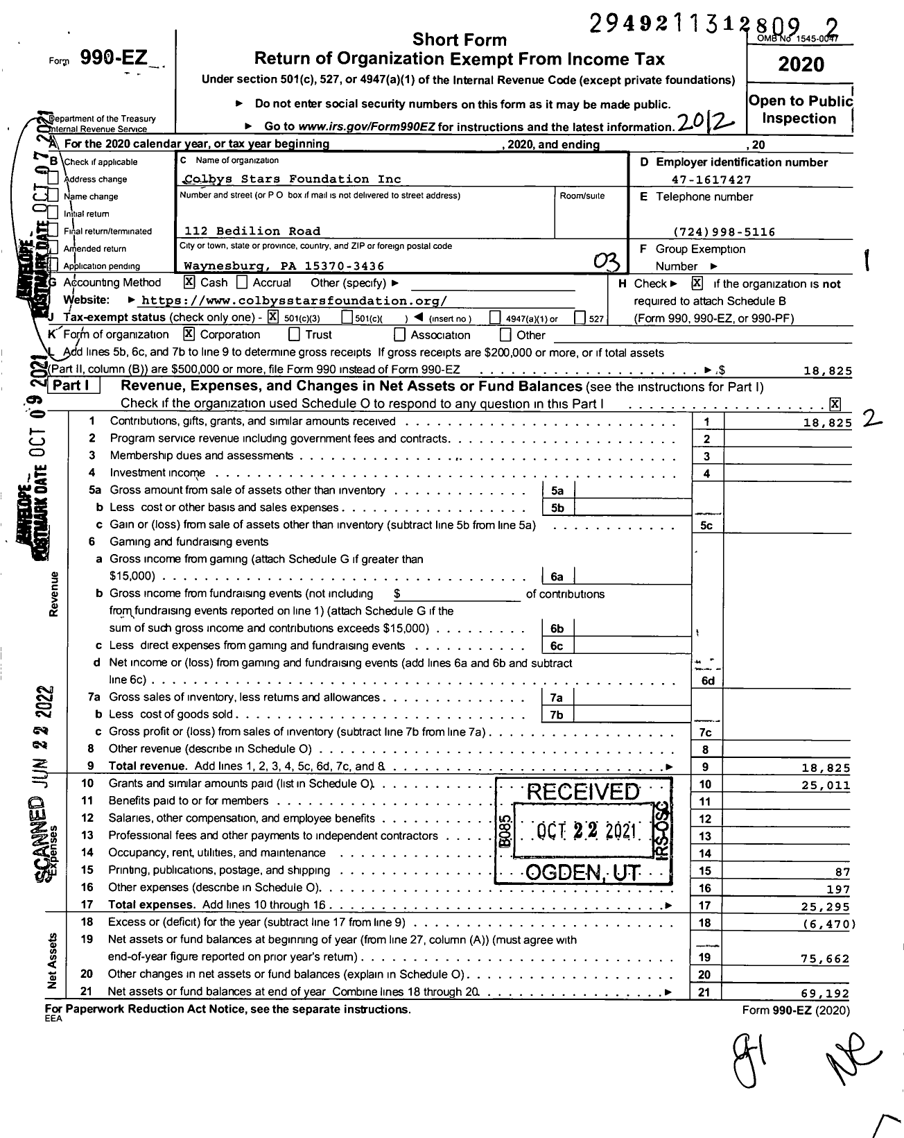 Image of first page of 2020 Form 990EZ for Colbys Stars Foundation