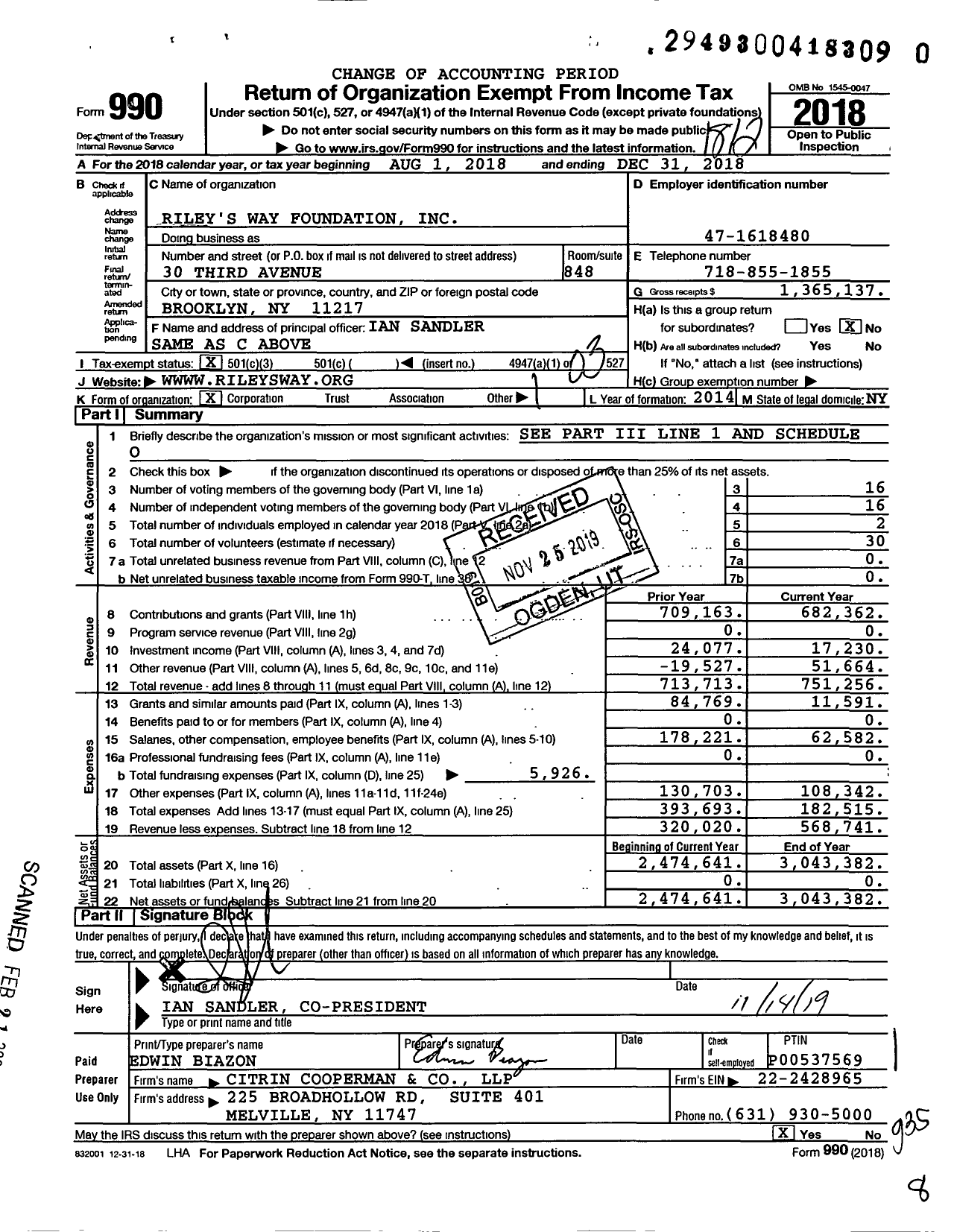 Image of first page of 2018 Form 990 for Riley's Way Foundation