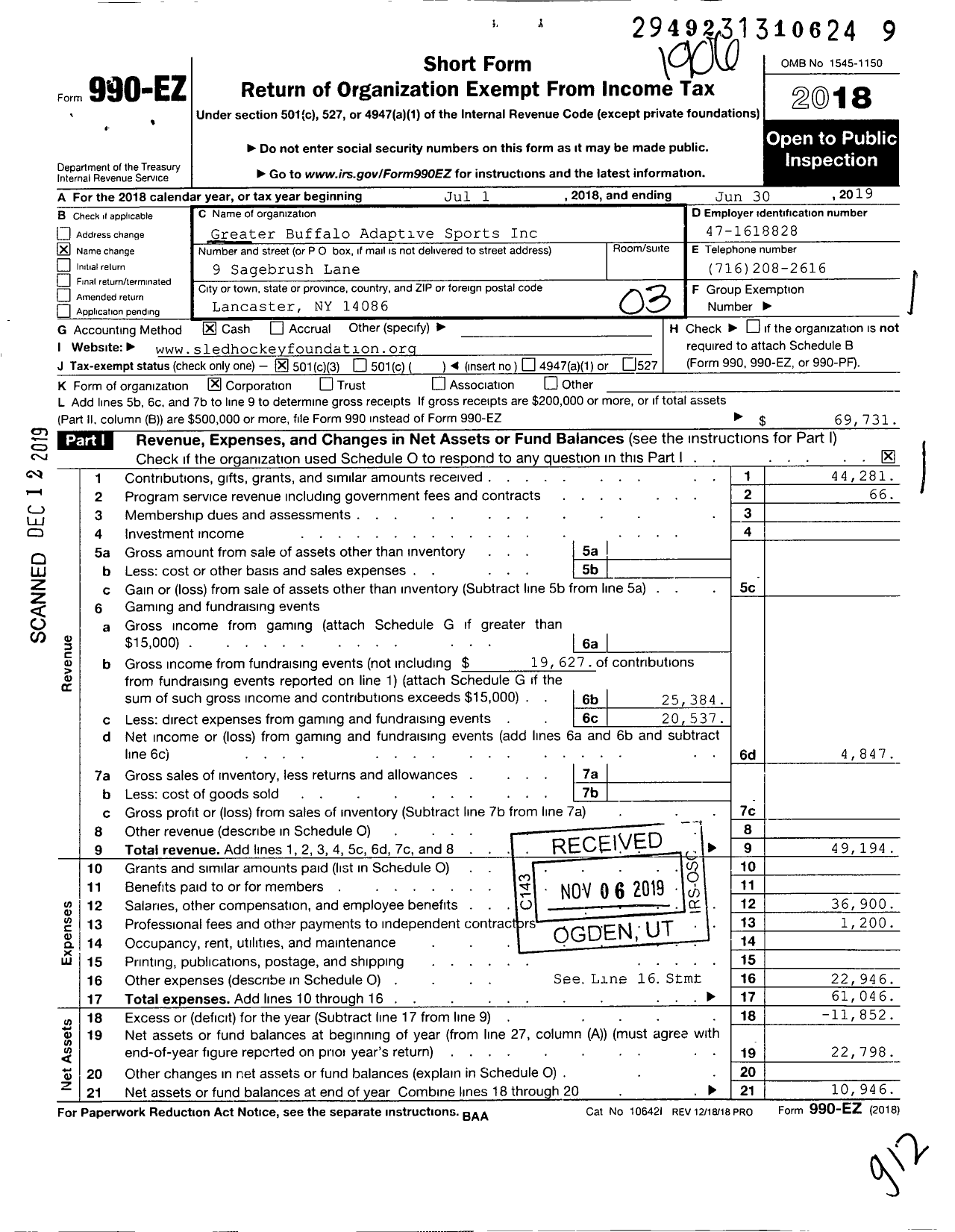 Image of first page of 2018 Form 990EZ for Greater Buffalo Adaptive Sports