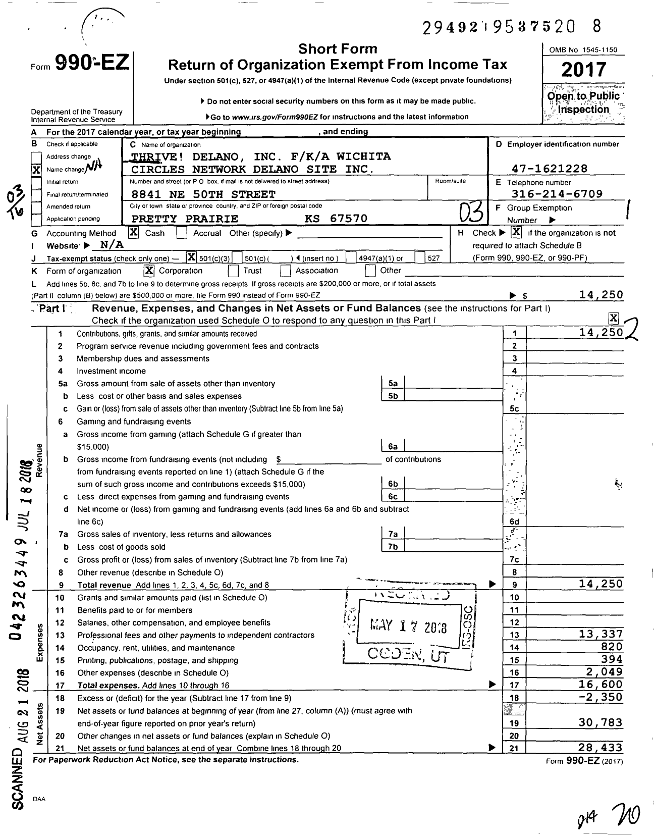 Image of first page of 2017 Form 990EZ for Thrive Delano