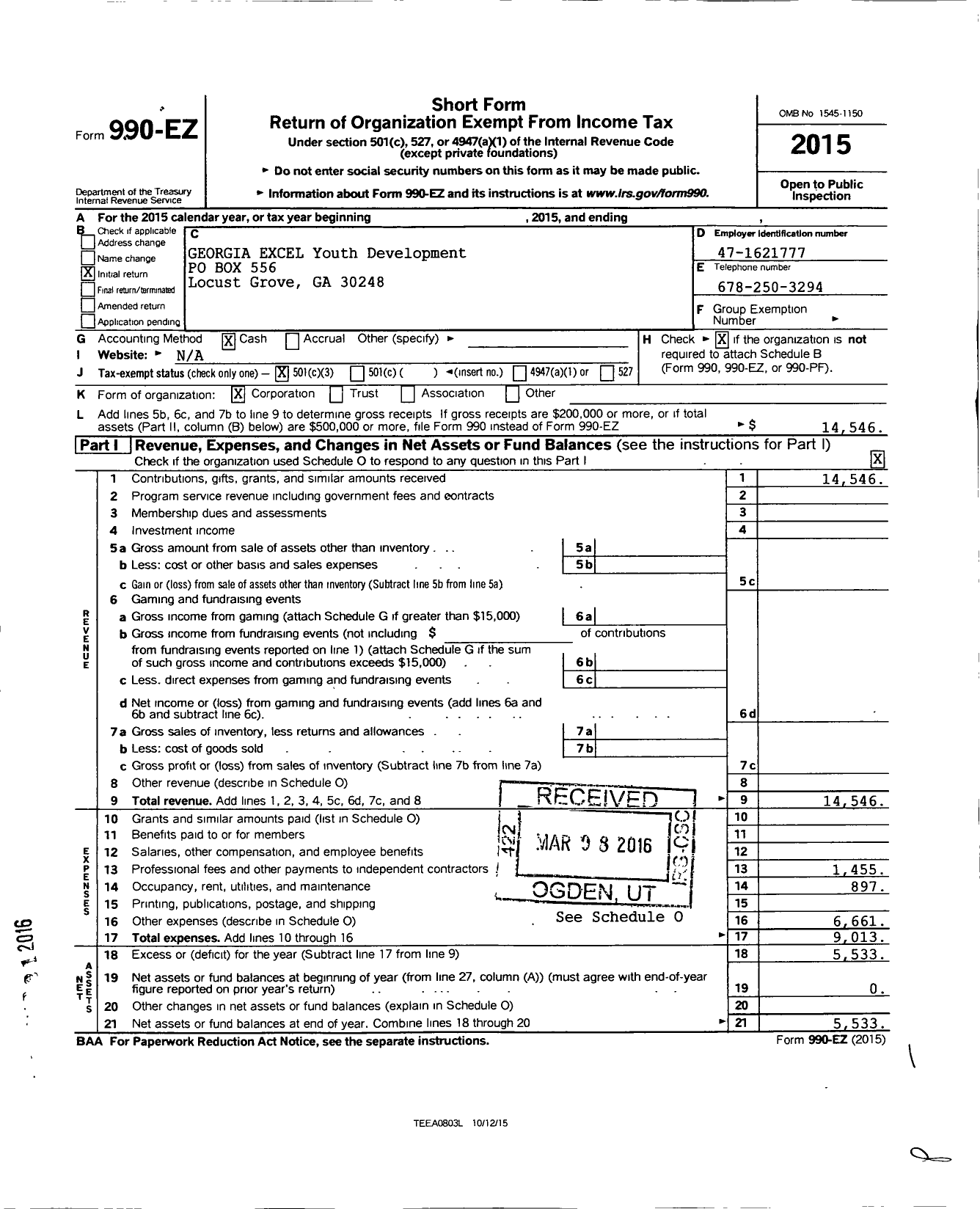 Image of first page of 2015 Form 990EZ for Georgia Excel Youth Development