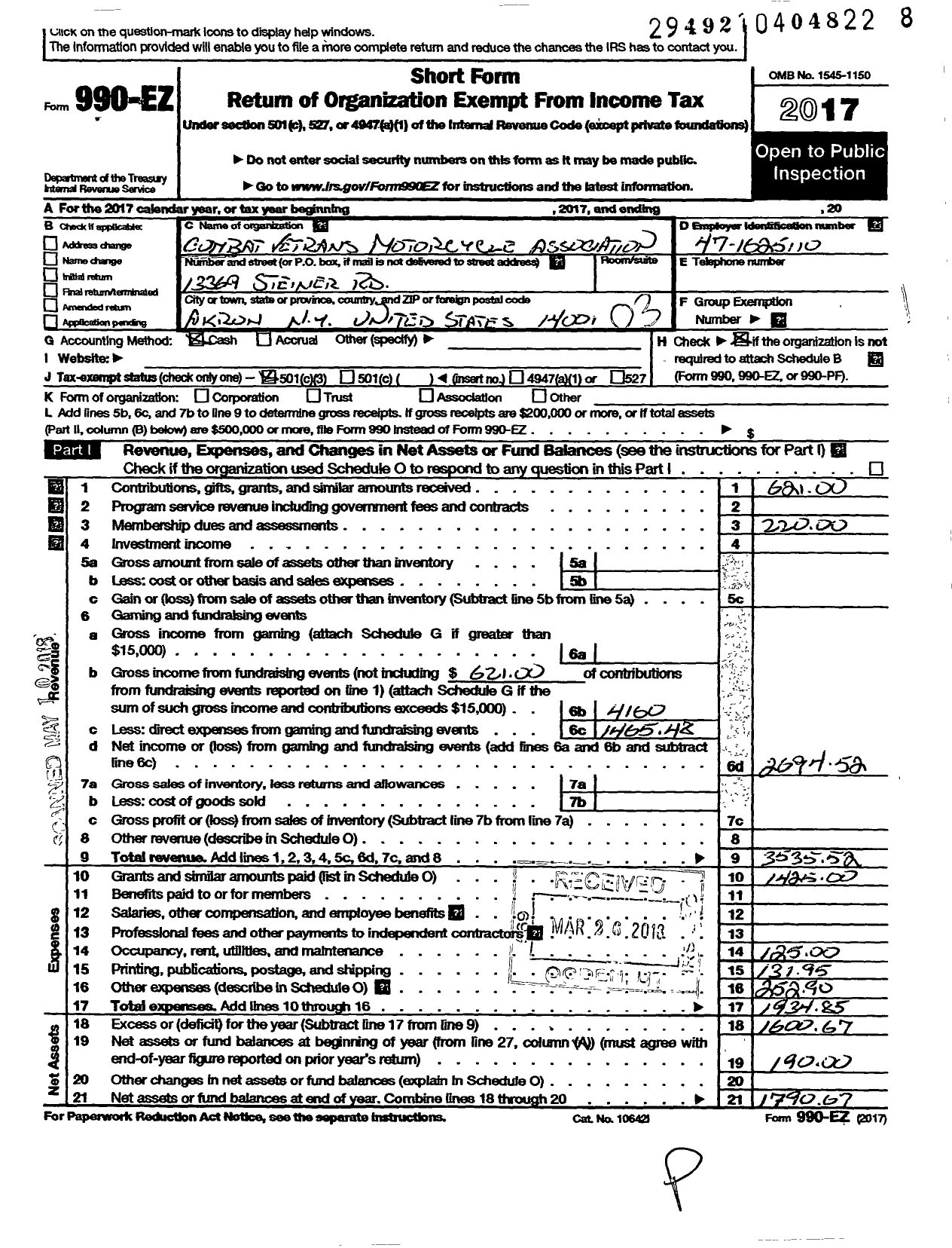 Image of first page of 2017 Form 990EZ for Combat Veterans Motorcycle Association Ny Chapter 19-6