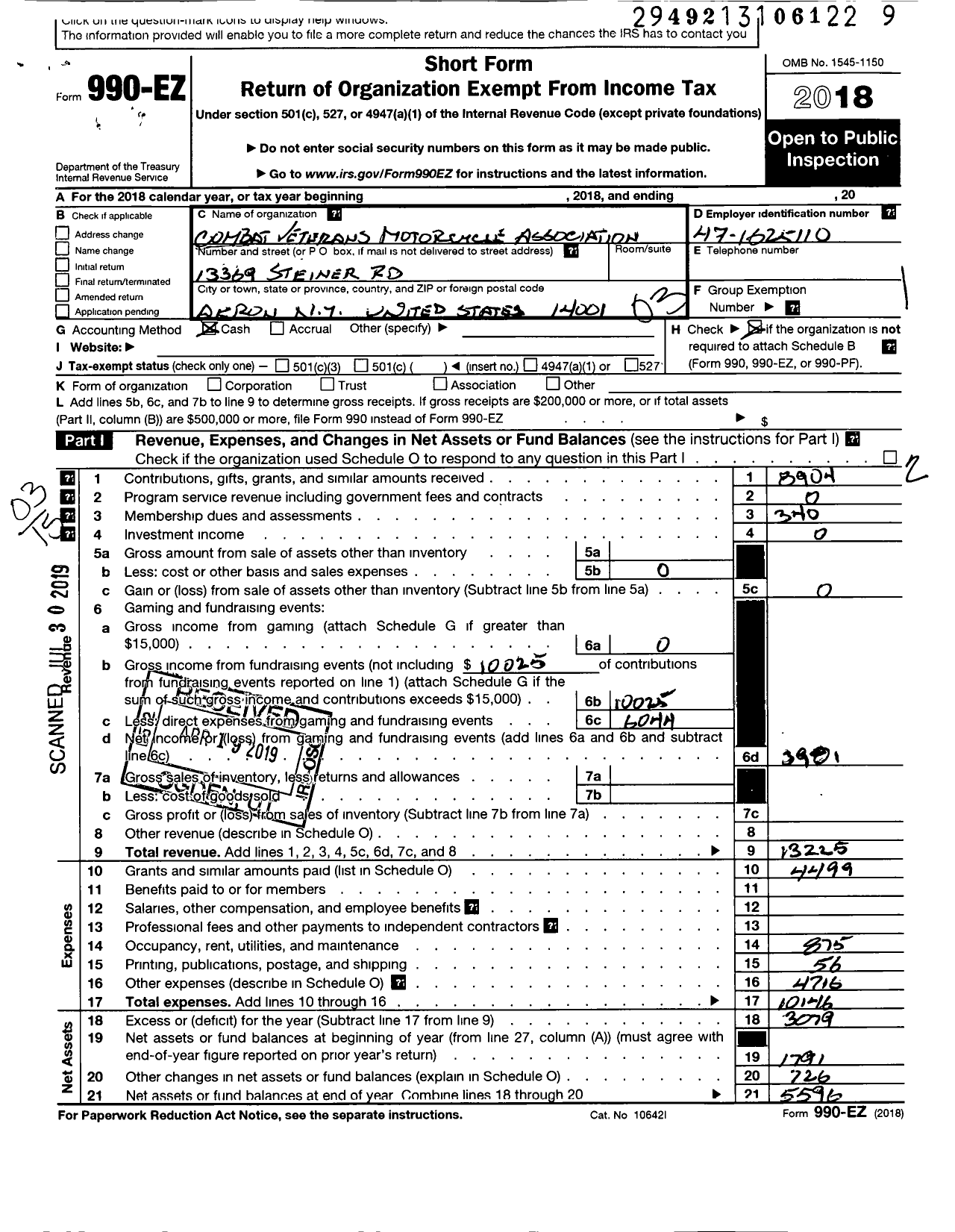 Image of first page of 2018 Form 990EZ for Combat Veterans Motorcycle Association Ny Chapter 19-6