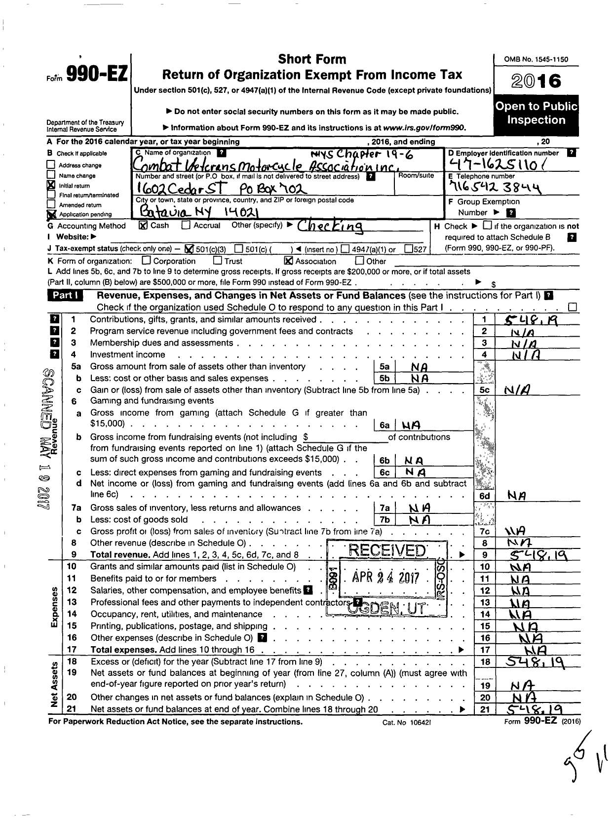 Image of first page of 2016 Form 990EZ for Combat Veterans Motorcycle Association Ny Chapter 19-6