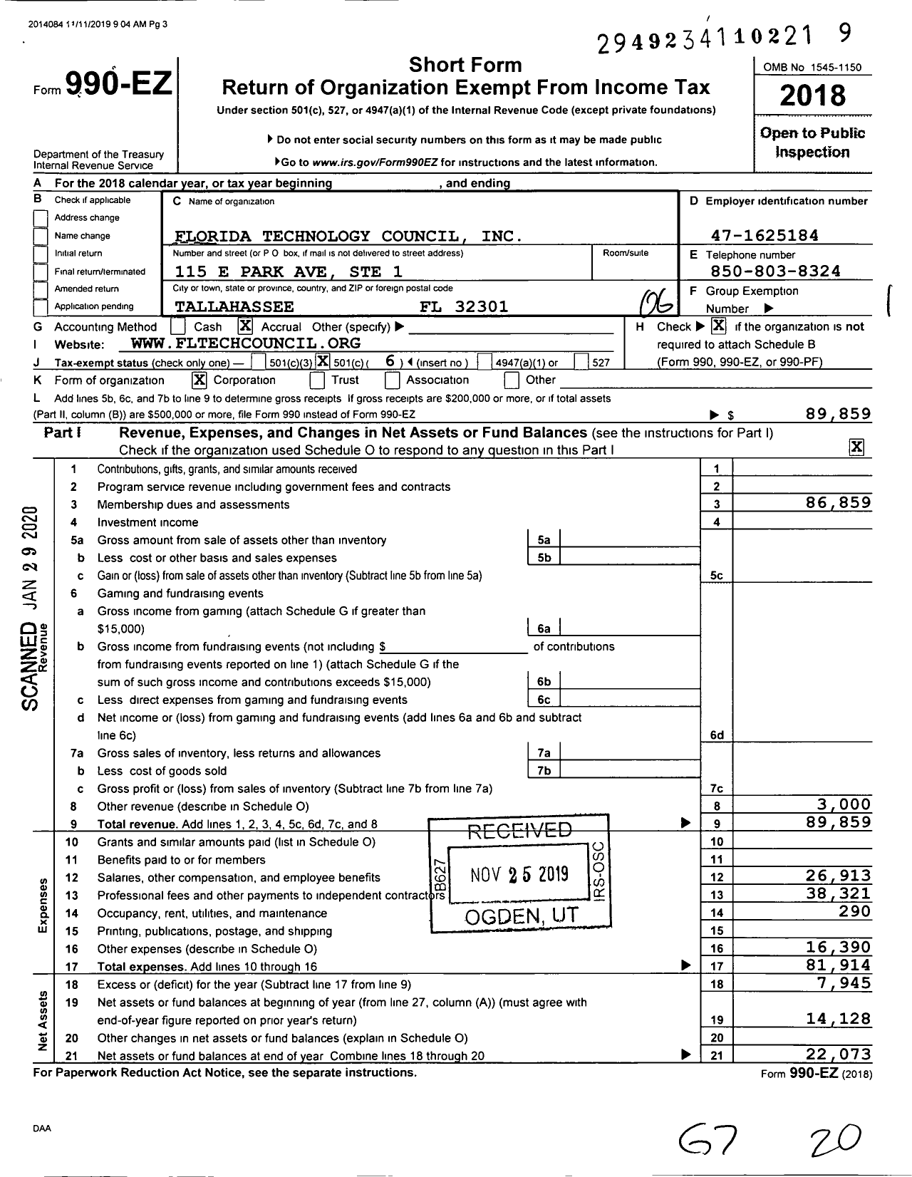 Image of first page of 2018 Form 990EO for Florida Technology Council