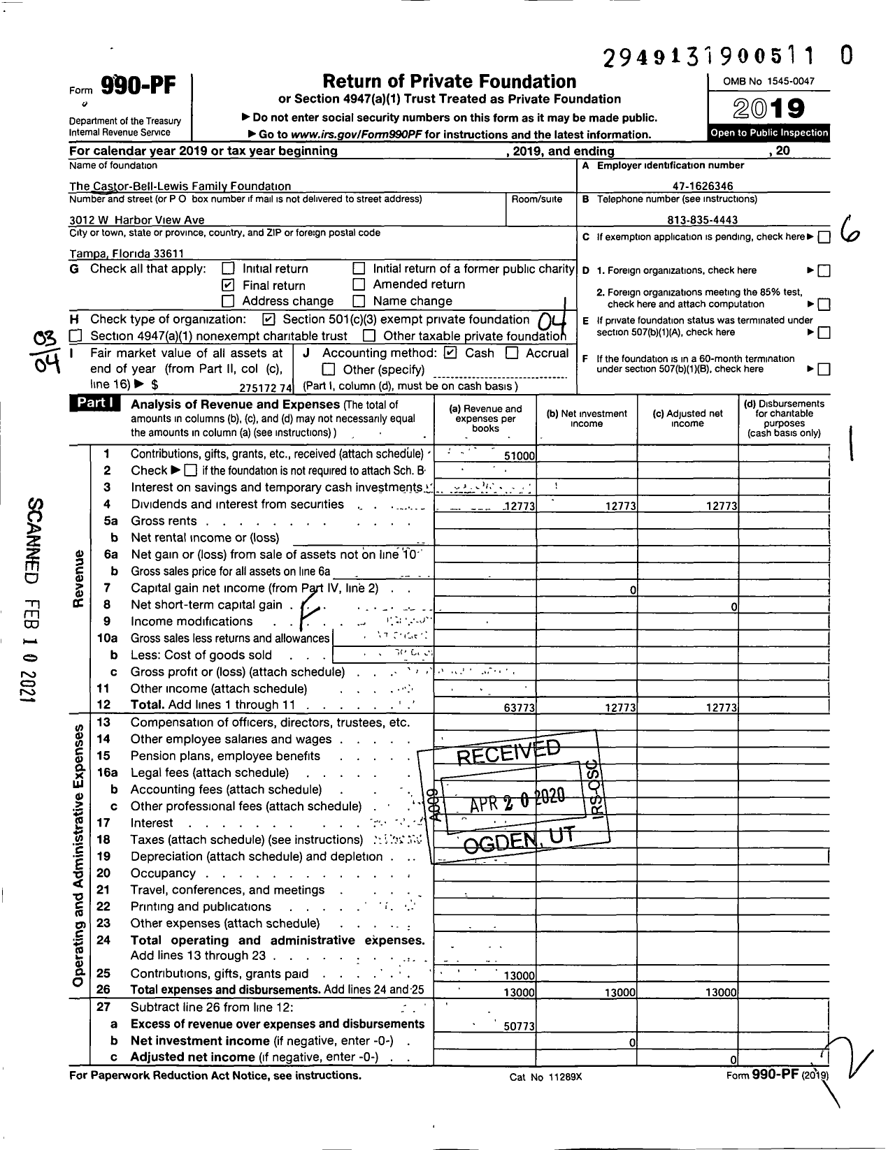 Image of first page of 2019 Form 990PF for Castor-Bell-Lewis Family Foundation