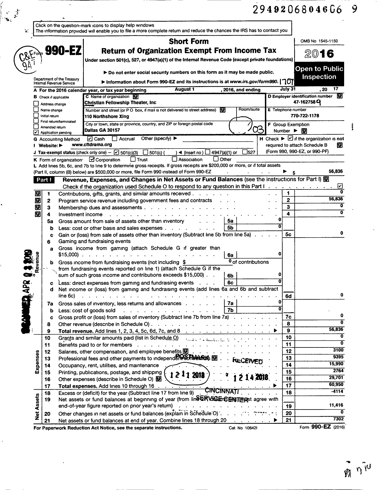 Image of first page of 2016 Form 990EZ for Christian Fellowship Theater