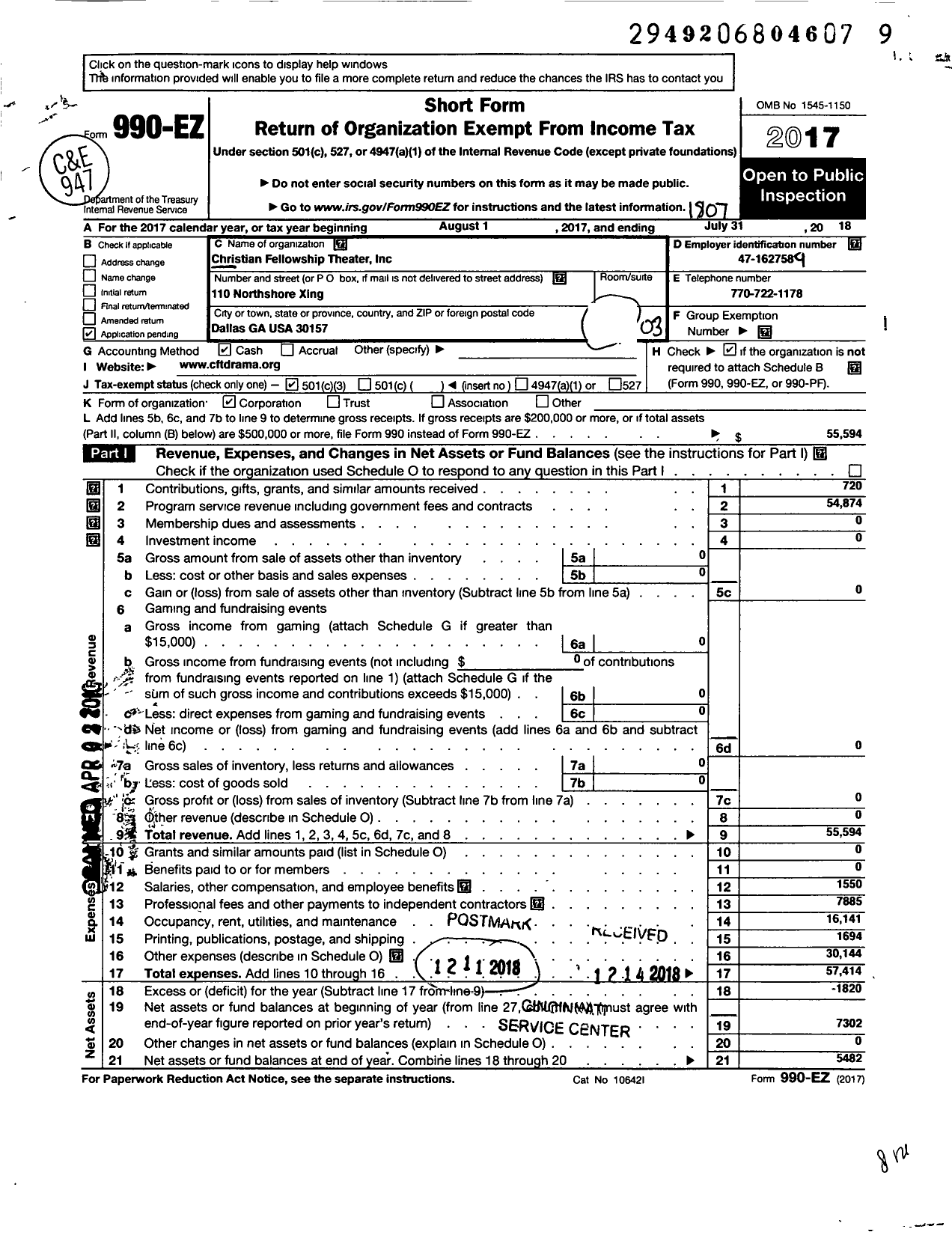 Image of first page of 2017 Form 990EZ for Christian Fellowship Theater