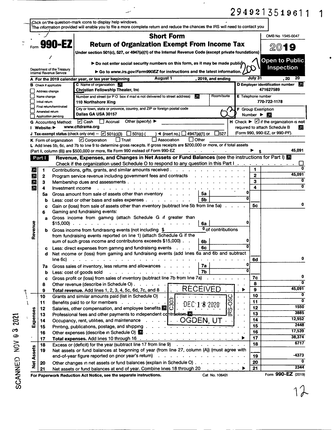 Image of first page of 2019 Form 990EZ for Christian Fellowship Theater