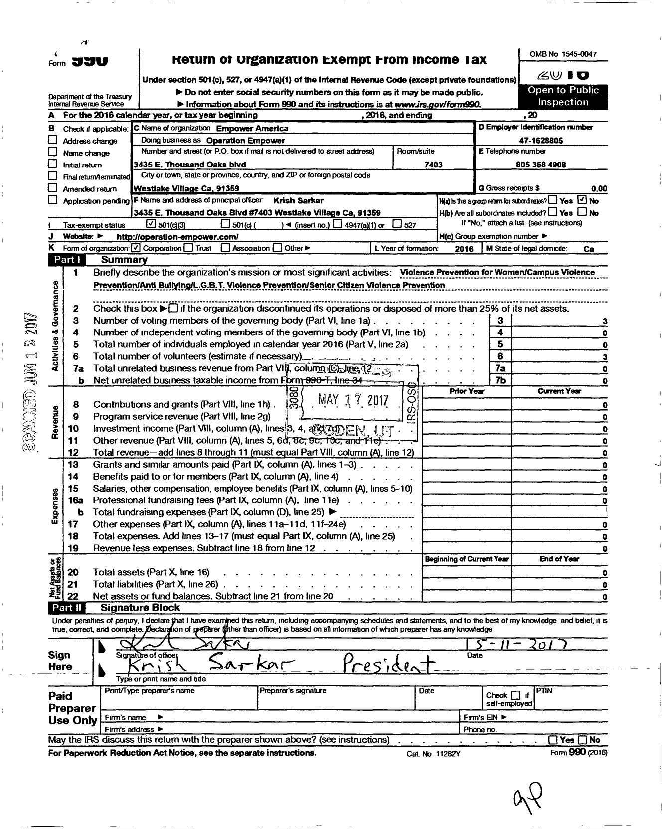 Image of first page of 2016 Form 990 for Empower America