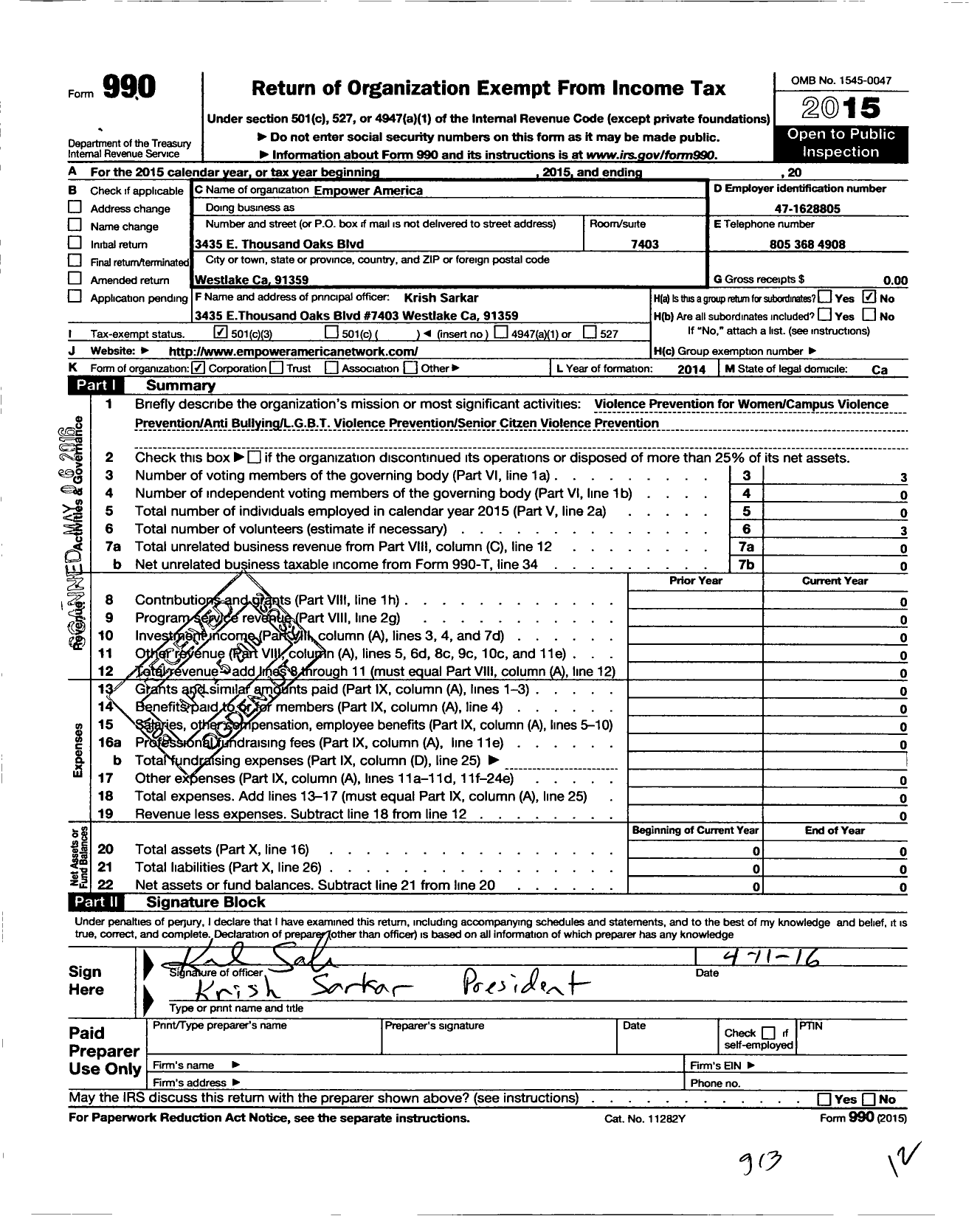 Image of first page of 2015 Form 990 for Empower America