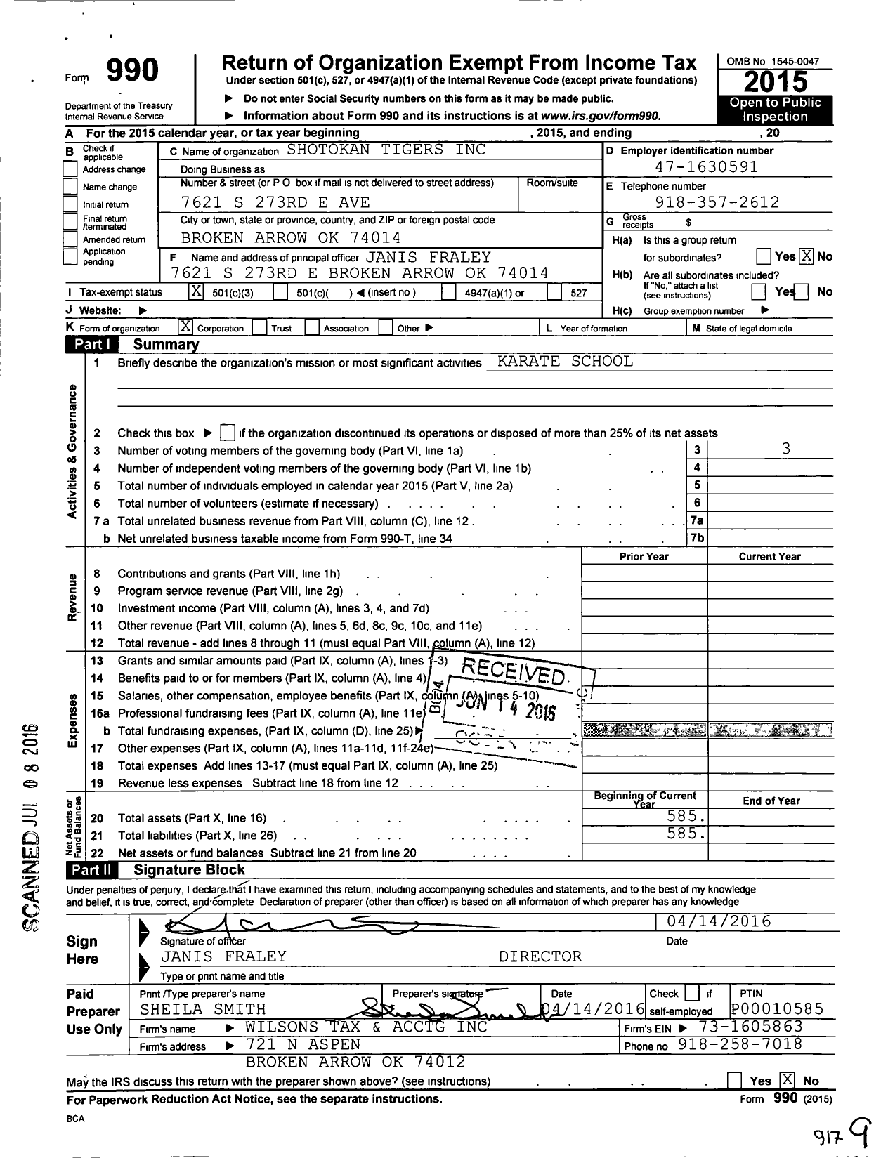 Image of first page of 2015 Form 990 for Shotokan Tigers