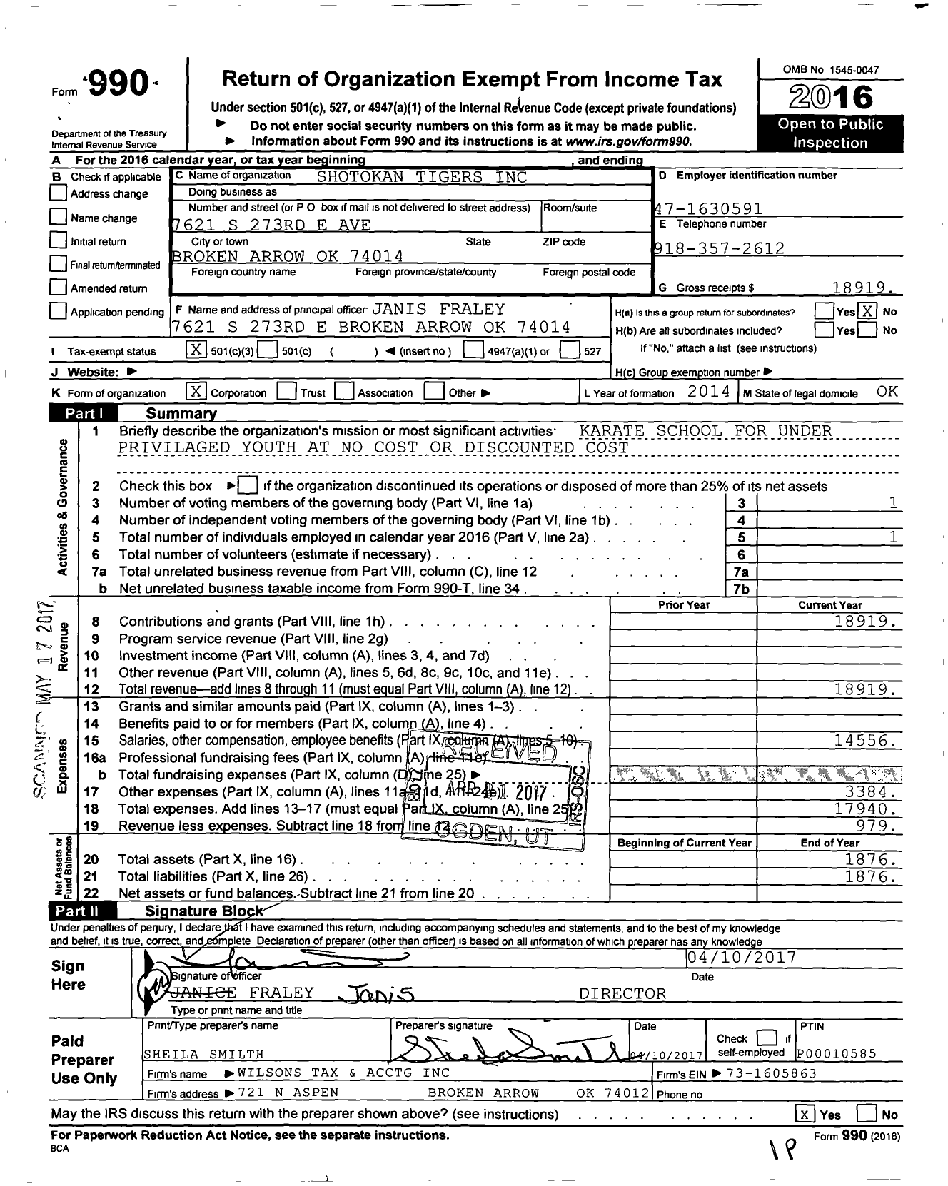 Image of first page of 2016 Form 990 for Shotokan Tigers