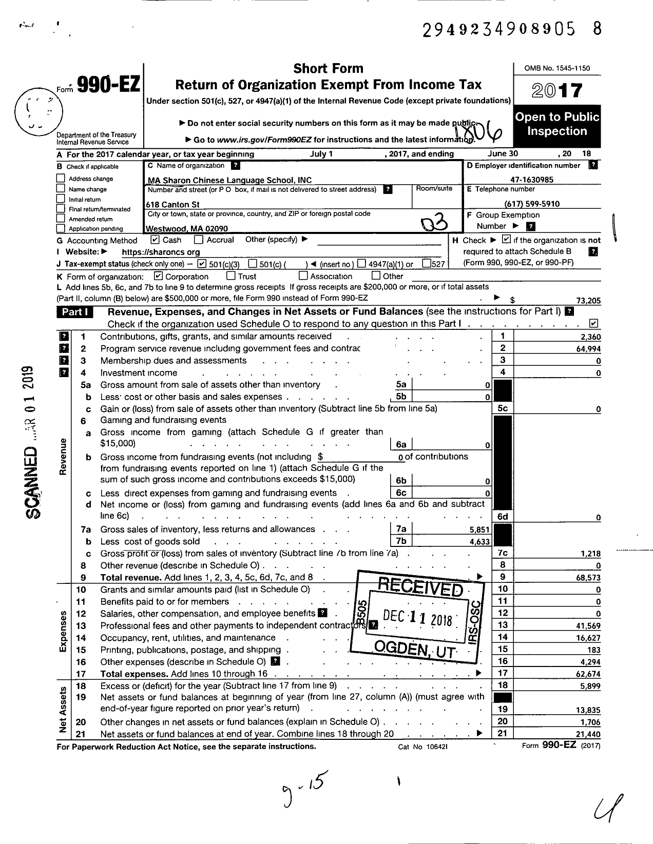 Image of first page of 2017 Form 990EZ for Ma Sharon Chinese Language School