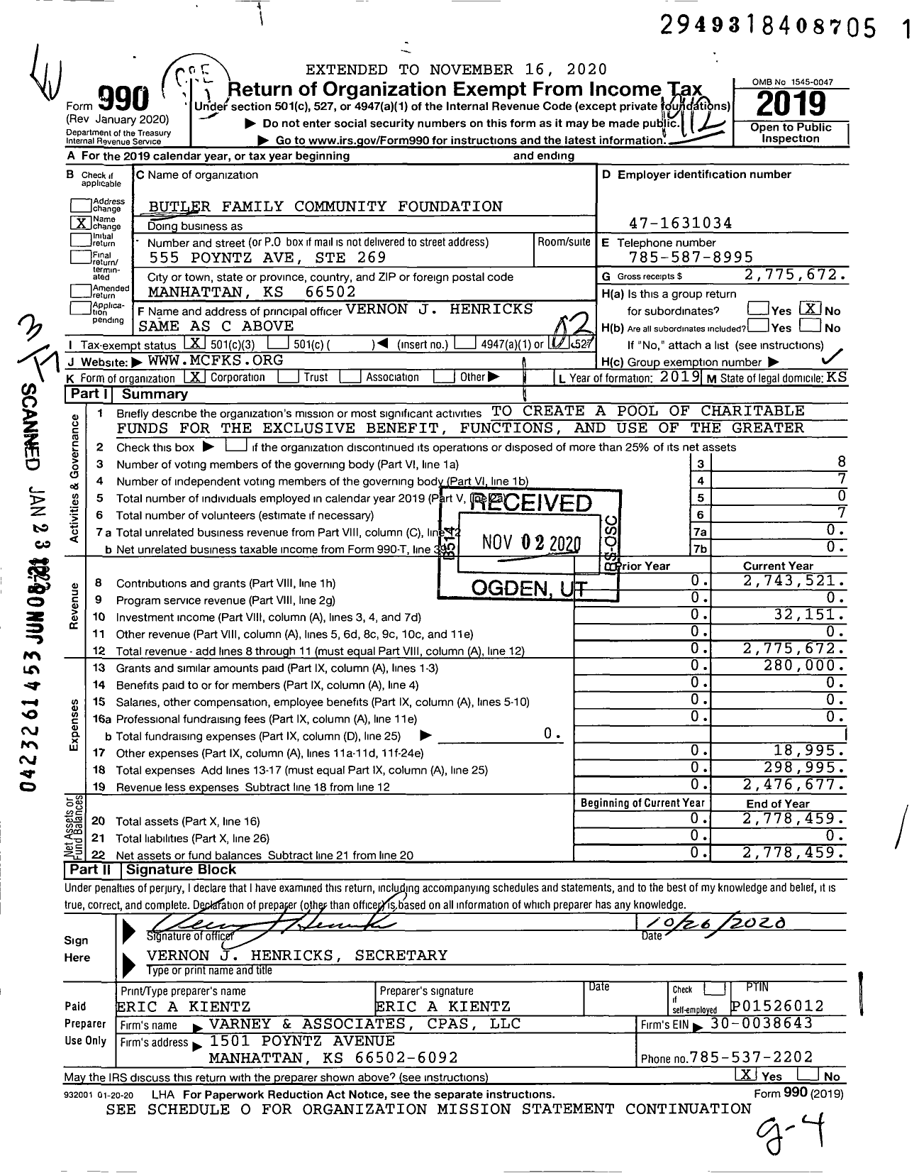 Image of first page of 2019 Form 990 for Butler Family Community Foundation