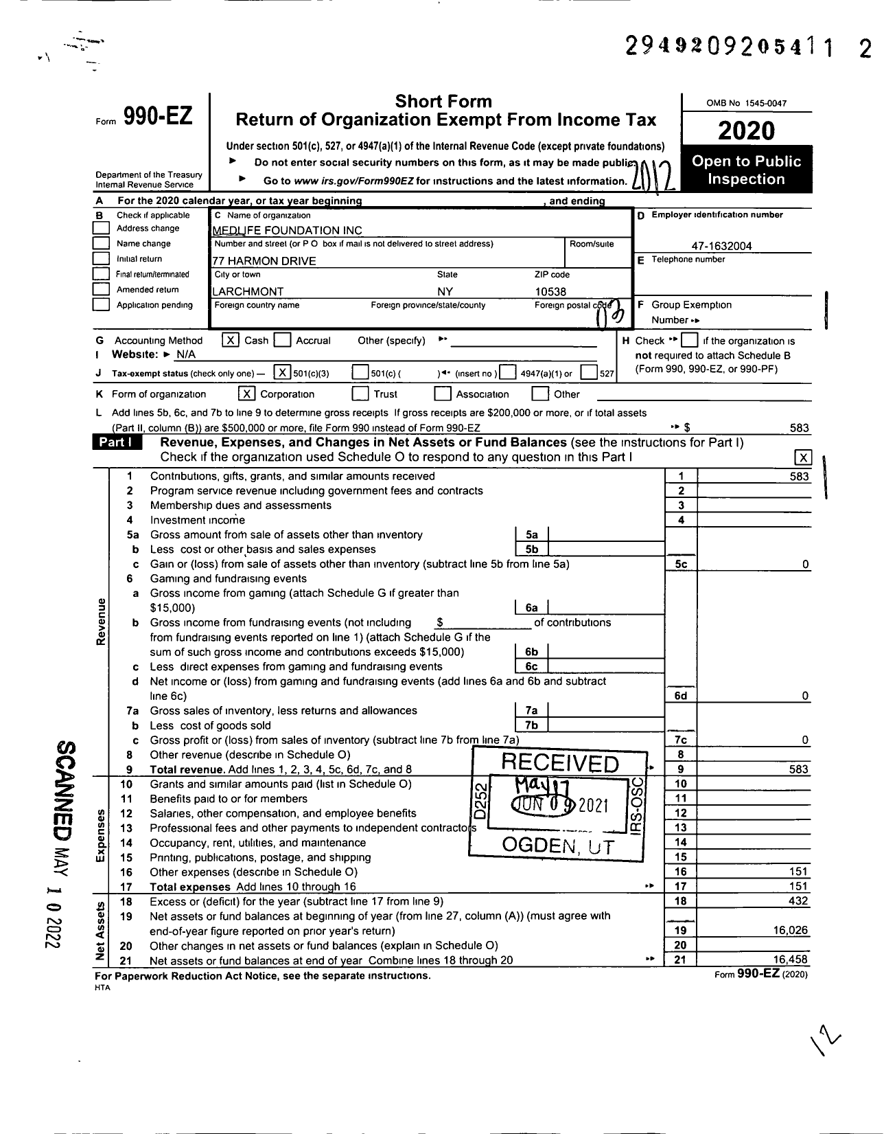 Image of first page of 2020 Form 990EZ for Medlife Foundation