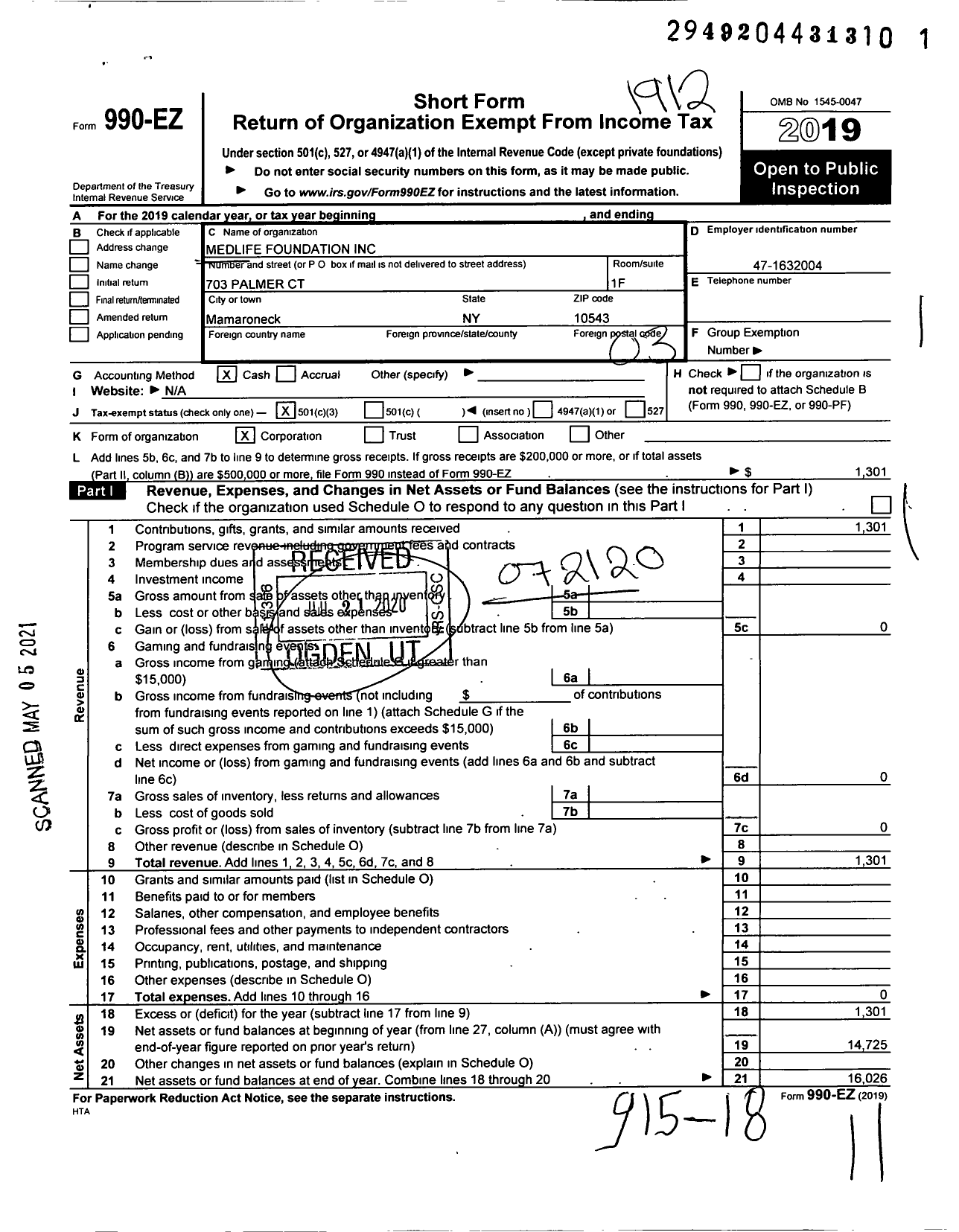 Image of first page of 2019 Form 990EZ for Medlife Foundation