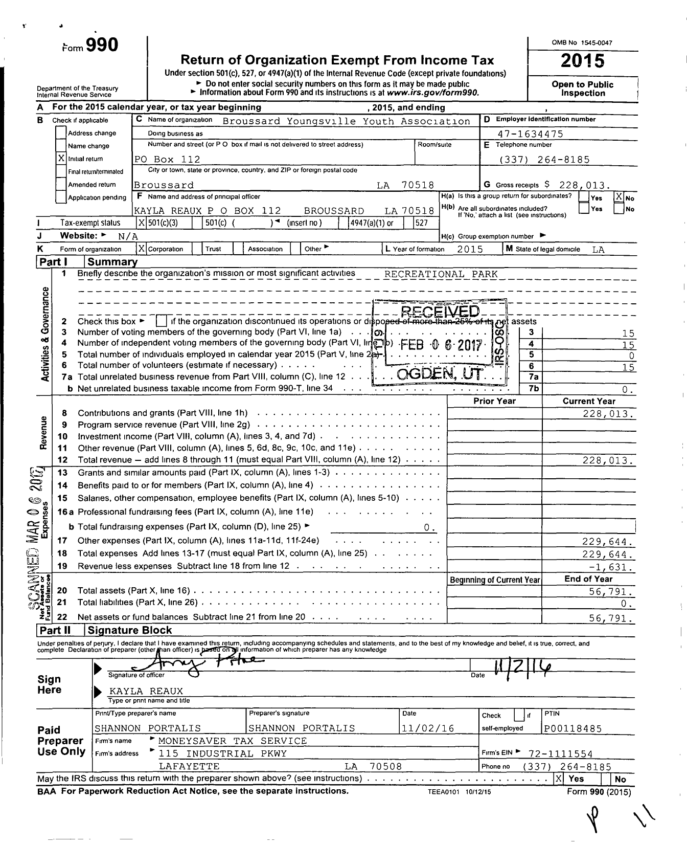 Image of first page of 2015 Form 990 for Broussard Youngsville Youth Association