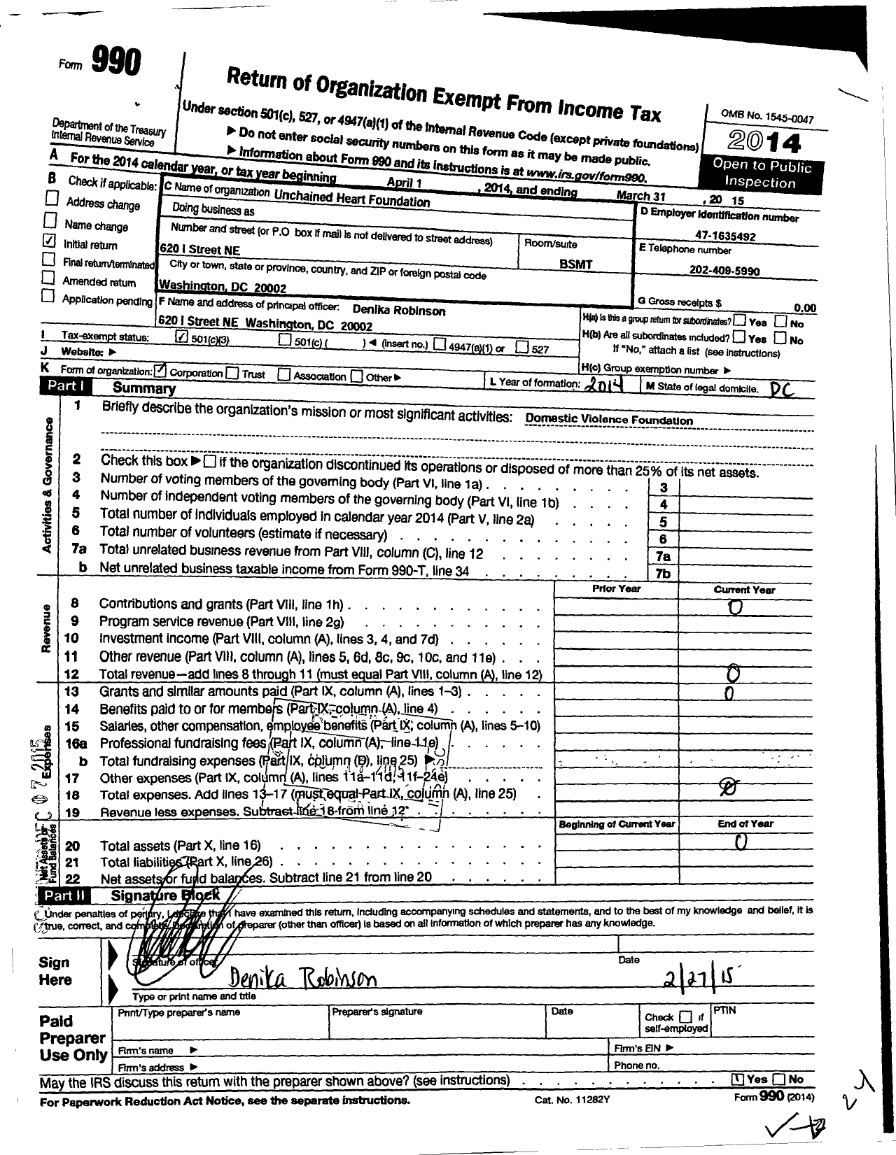 Image of first page of 2014 Form 990 for Unchained Heart Foundation