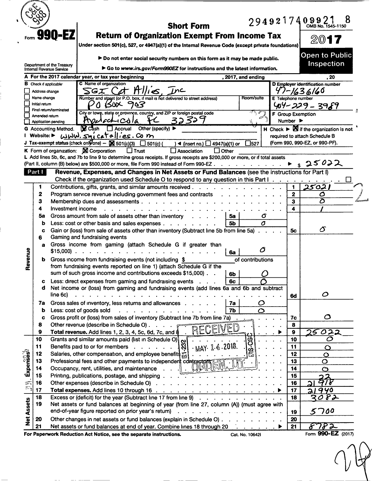 Image of first page of 2017 Form 990EZ for Sgi Cat Allies