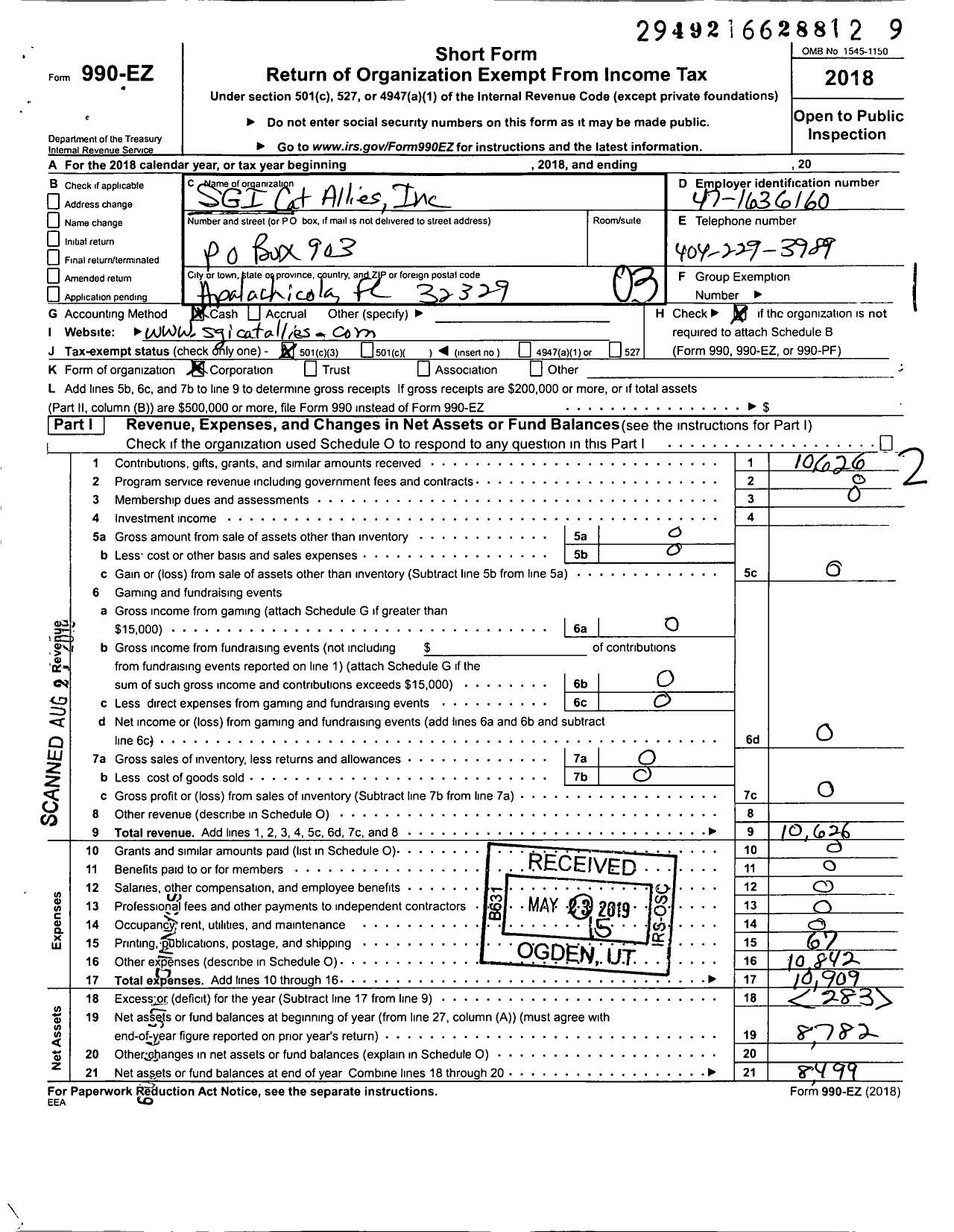 Image of first page of 2018 Form 990EZ for Sgi Cat Allies