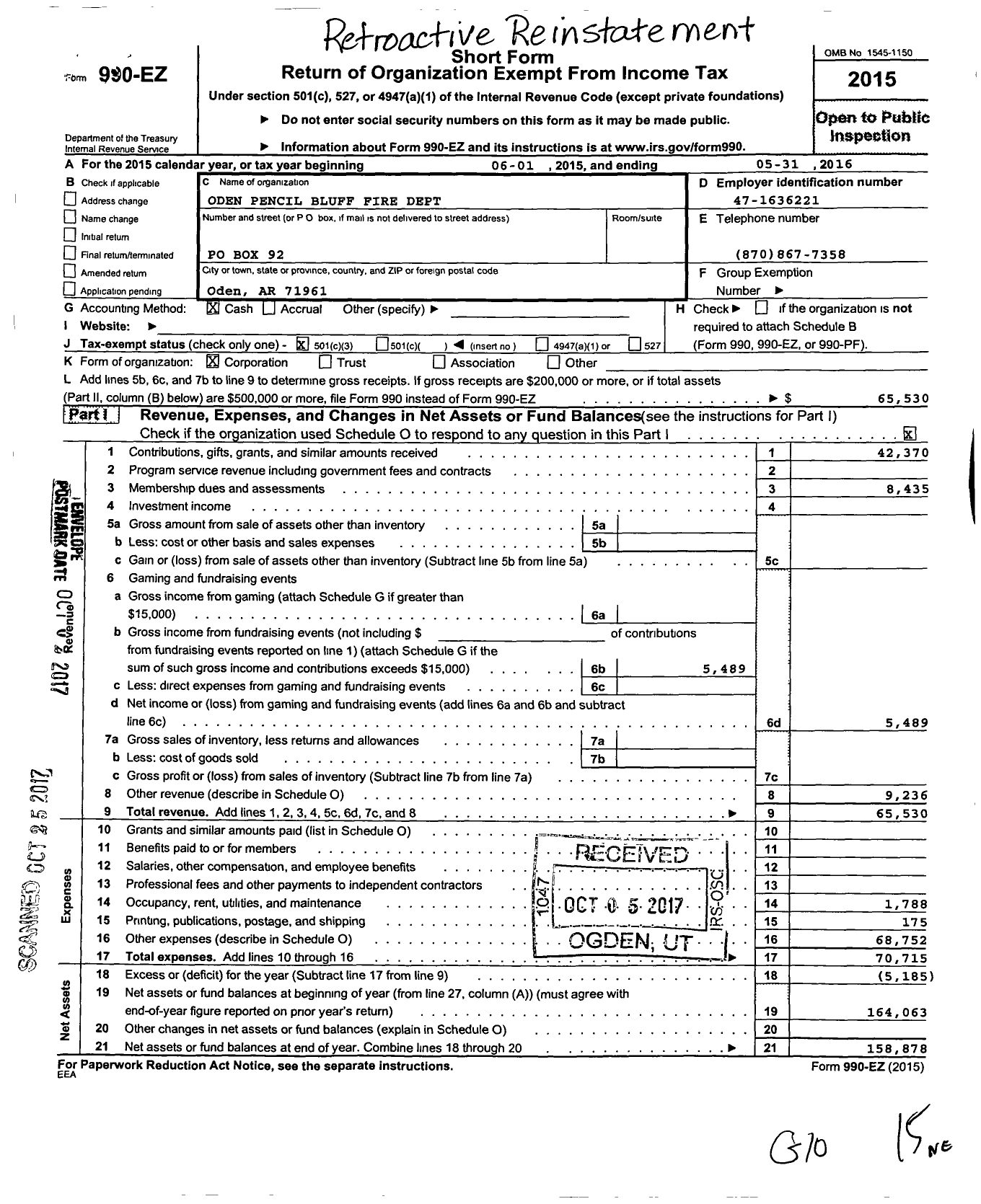 Image of first page of 2015 Form 990EZ for Oden Pencil Bluff Volunteer Fire Dept