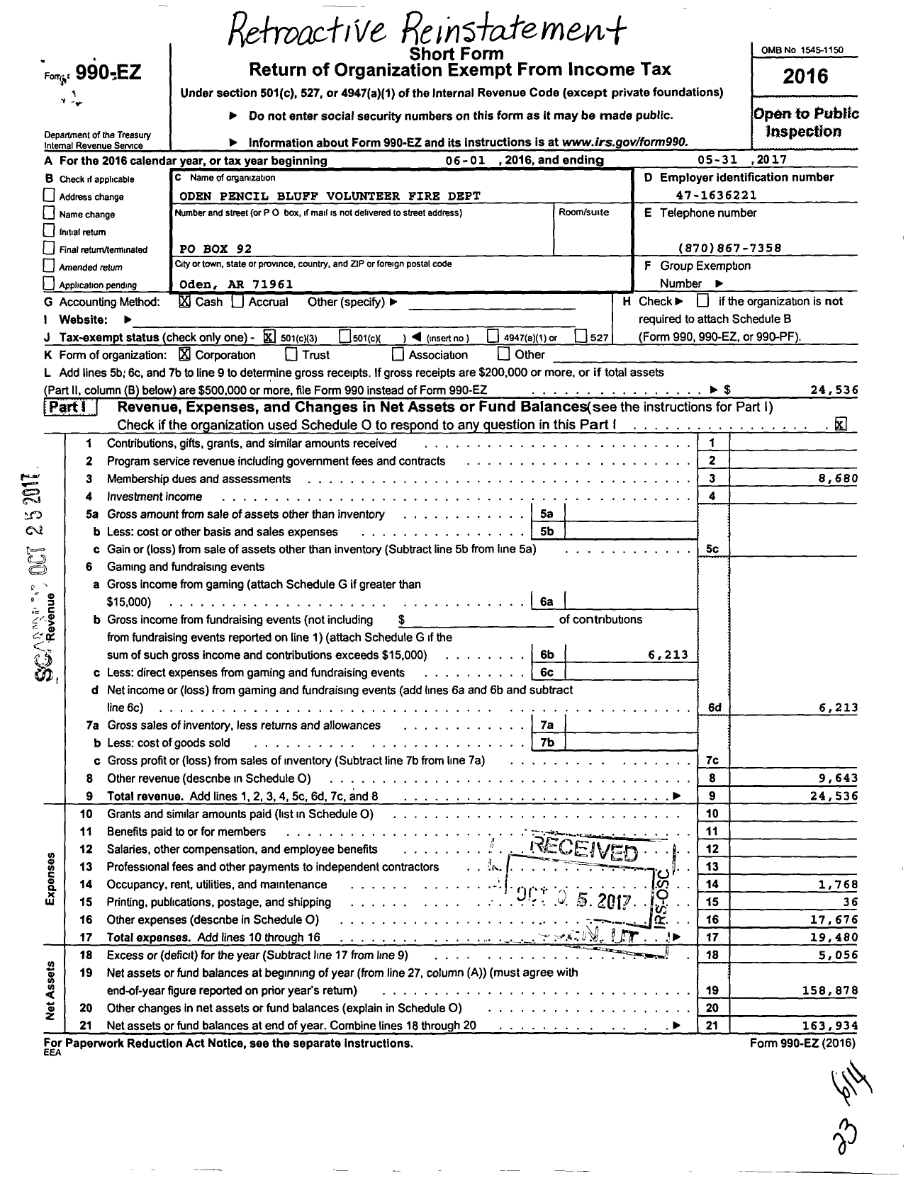 Image of first page of 2016 Form 990EZ for Oden Pencil Bluff Volunteer Fire Dept