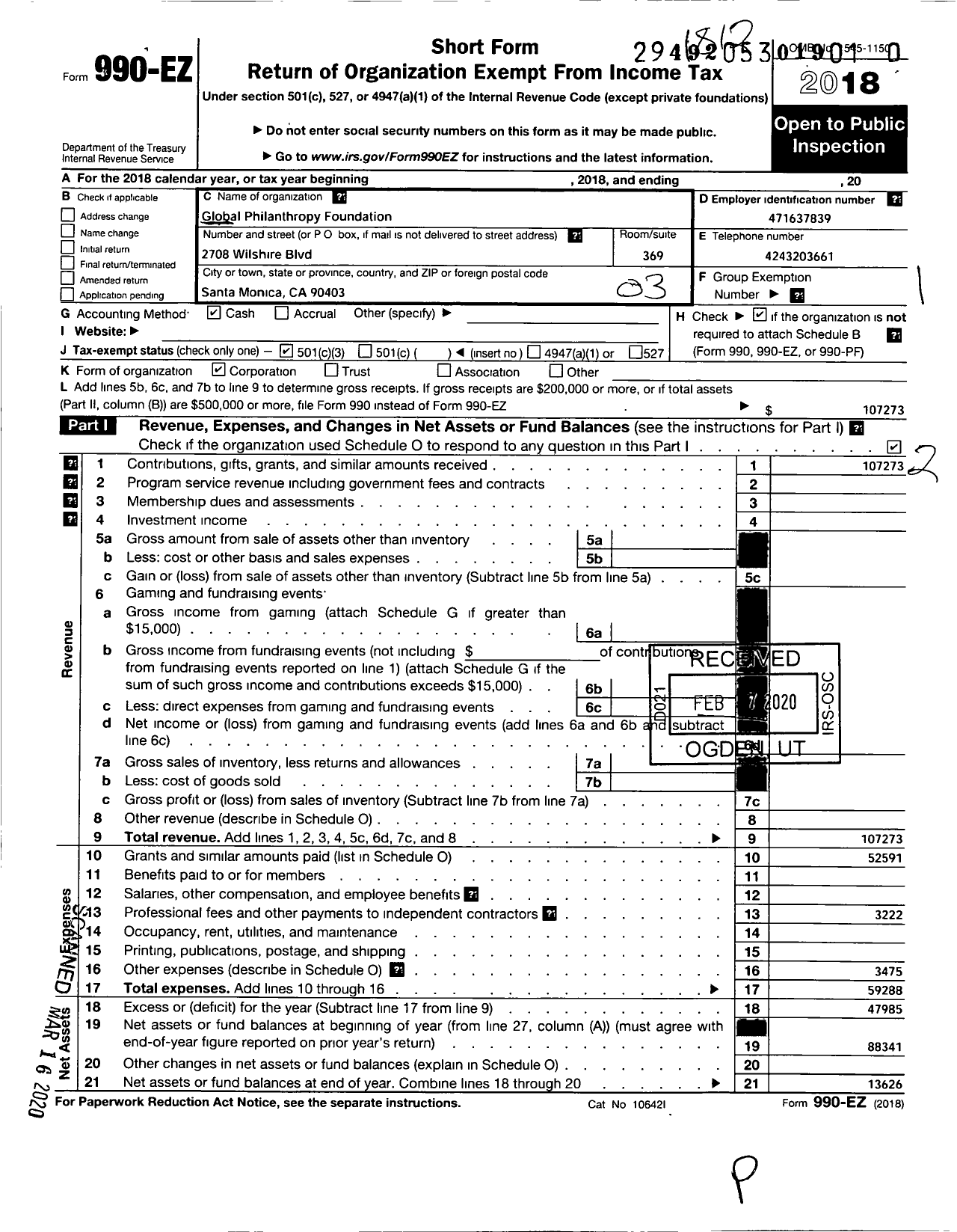 Image of first page of 2018 Form 990EZ for Global Philanthropy Foundation