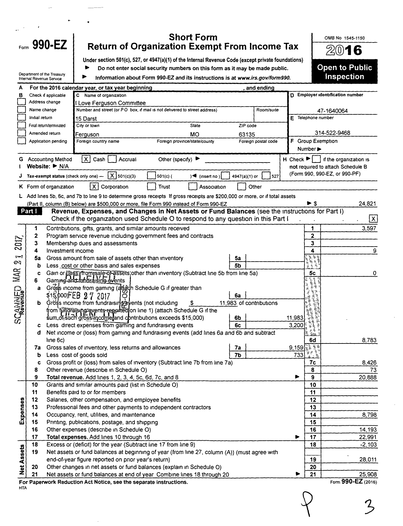 Image of first page of 2016 Form 990EZ for I Love Ferguson Committee