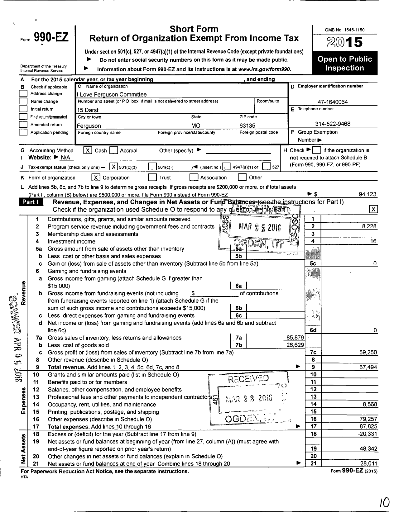 Image of first page of 2015 Form 990EZ for I Love Ferguson Committee