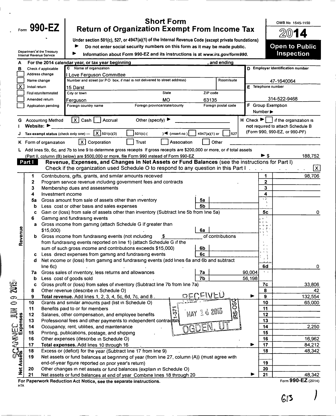 Image of first page of 2014 Form 990EZ for I Love Ferguson Committee