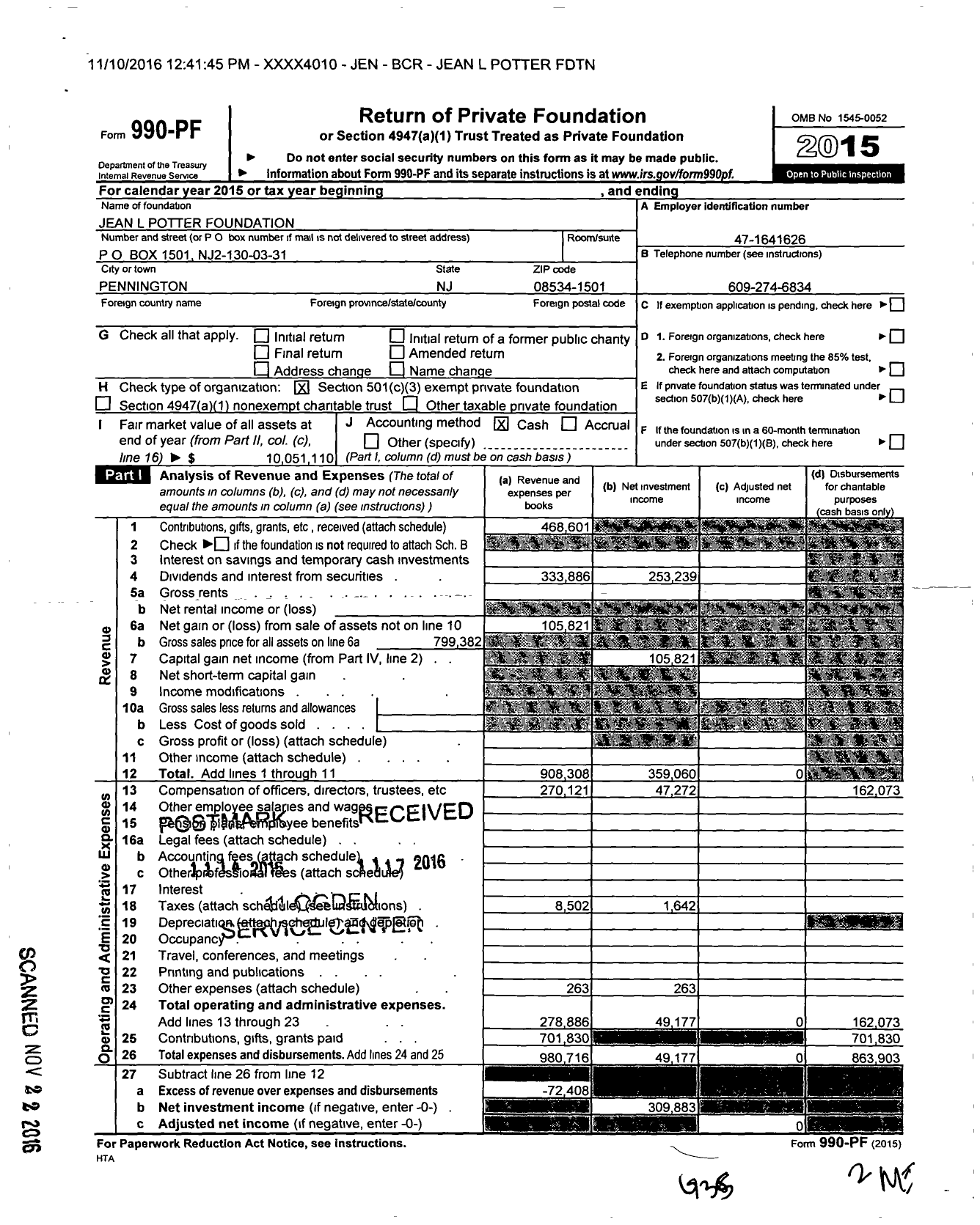 Image of first page of 2015 Form 990PF for Jean L Potter FDTN