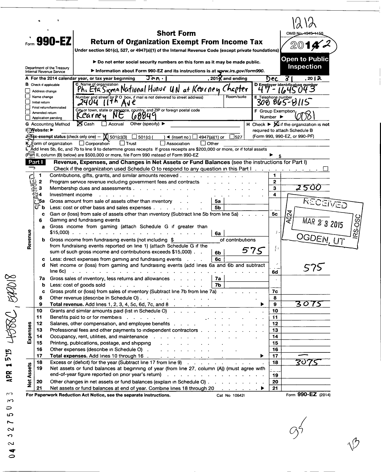 Image of first page of 2012 Form 990EZ for Phi Eta Sigma National Honor Society / University of Nebraska at Kearney