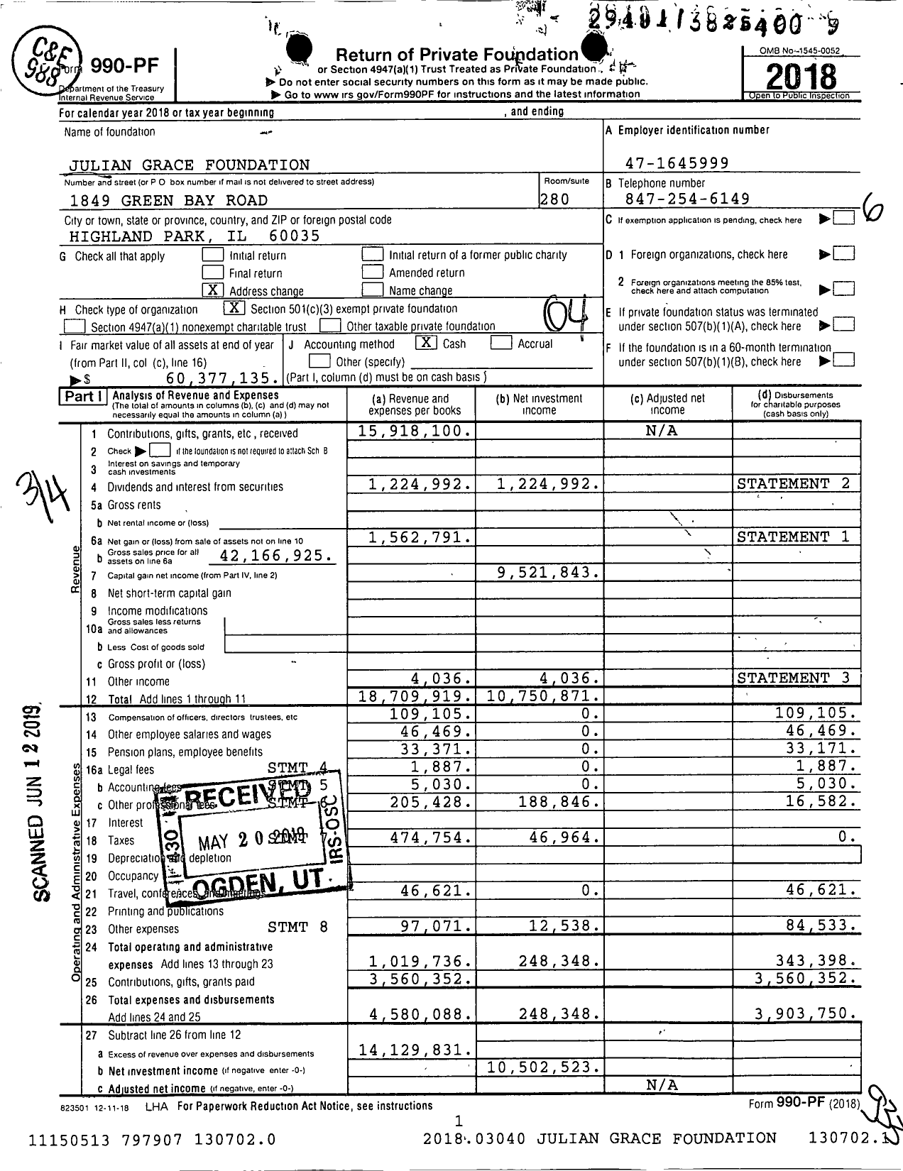 Image of first page of 2018 Form 990PF for Julian Grace Foundation