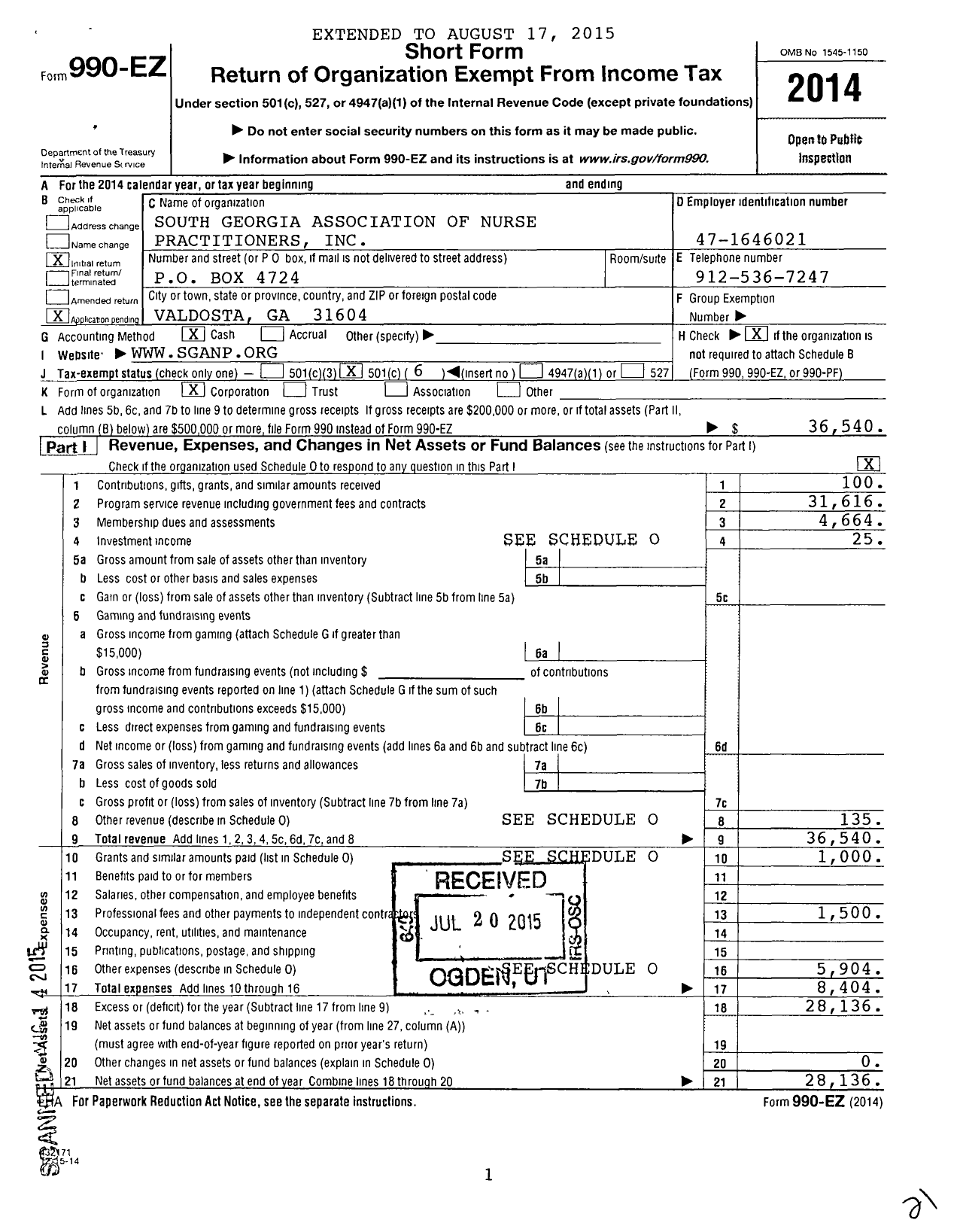 Image of first page of 2014 Form 990EO for South Georgia Associaton of Nurse Practitioners