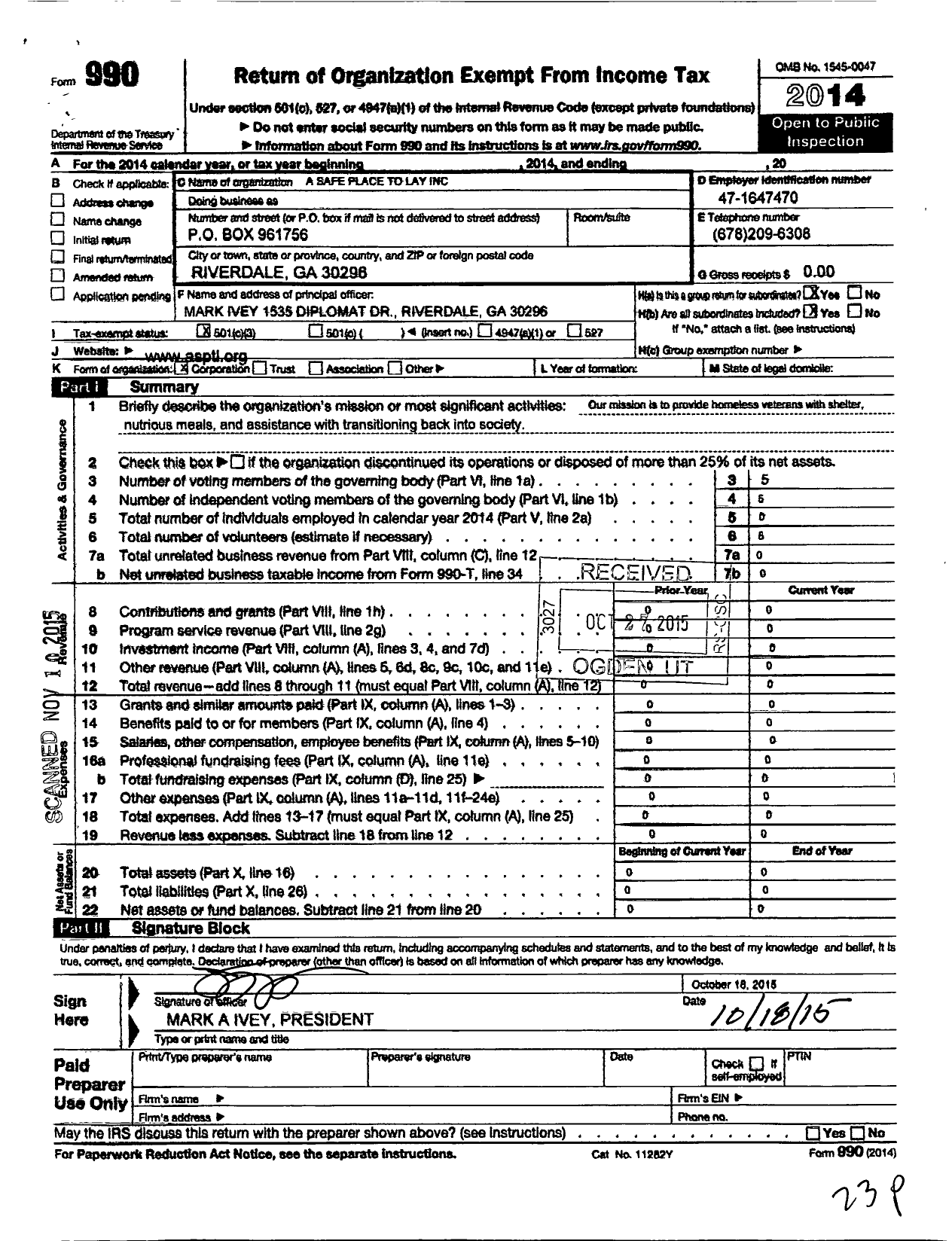 Image of first page of 2014 Form 990 for A Safe Place To Lay