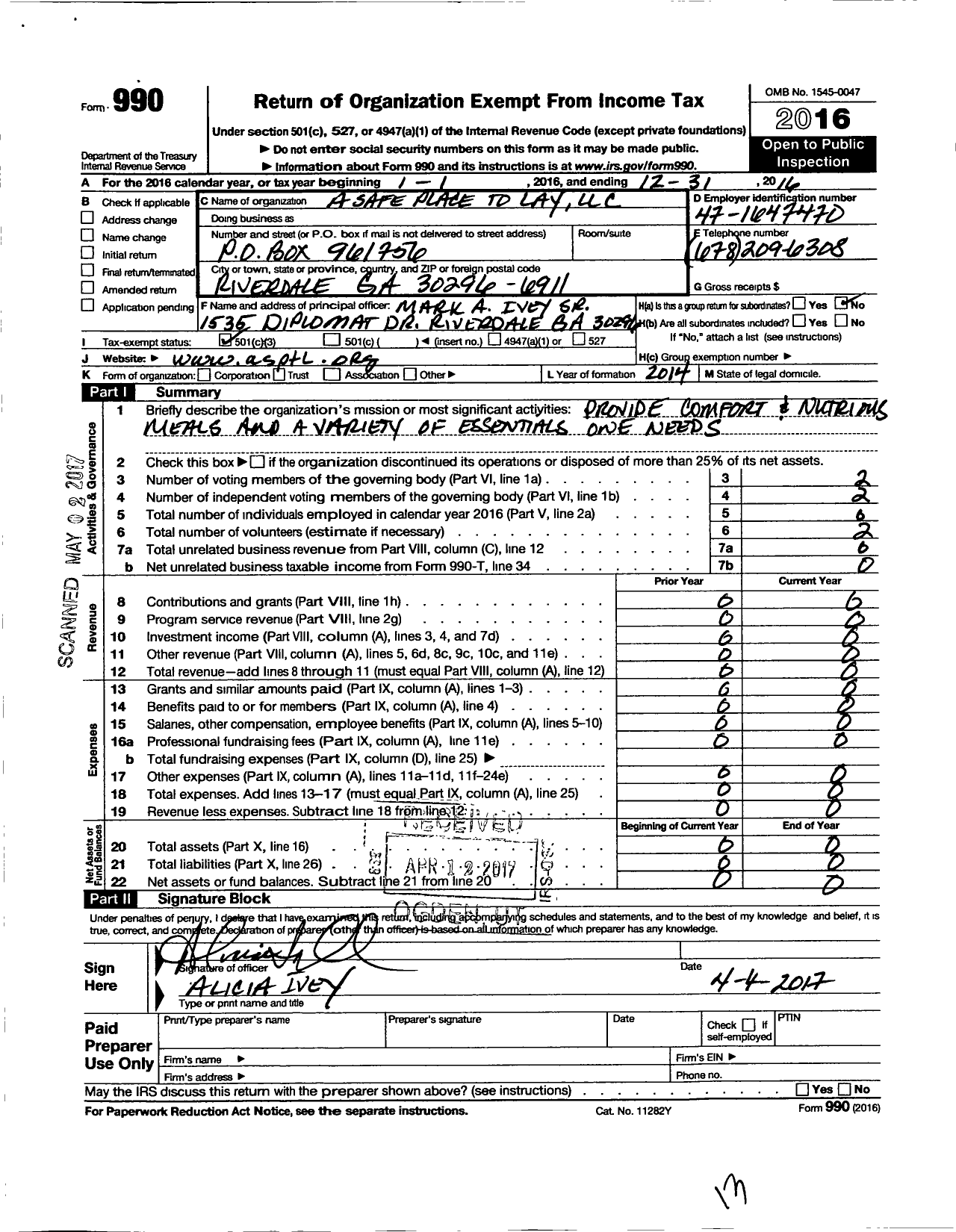 Image of first page of 2016 Form 990 for A Safe Place To Lay