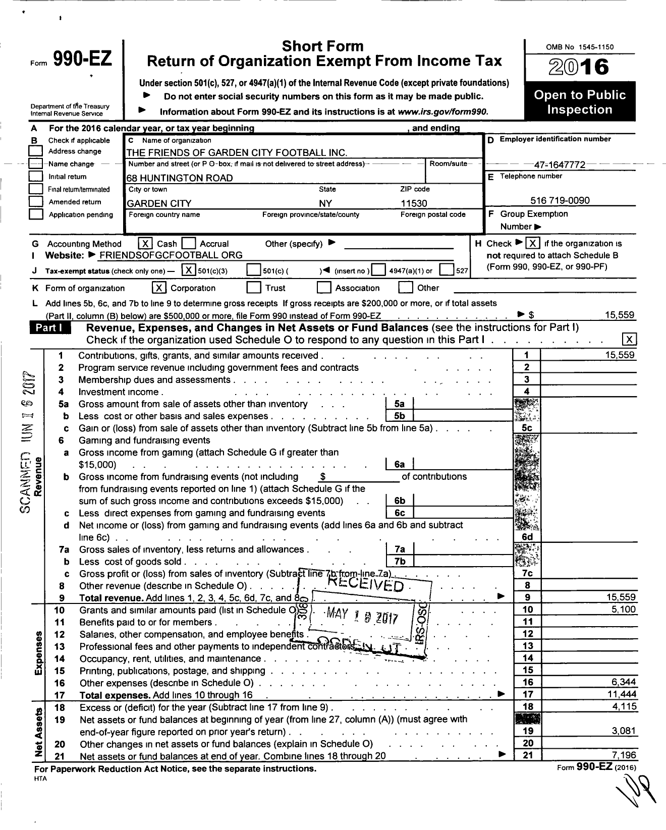 Image of first page of 2016 Form 990EZ for Friends of Garden City Football