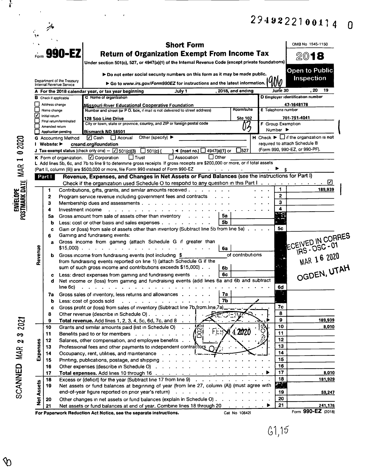 Image of first page of 2018 Form 990EZ for Missouri River Educational Cooperative Foundation