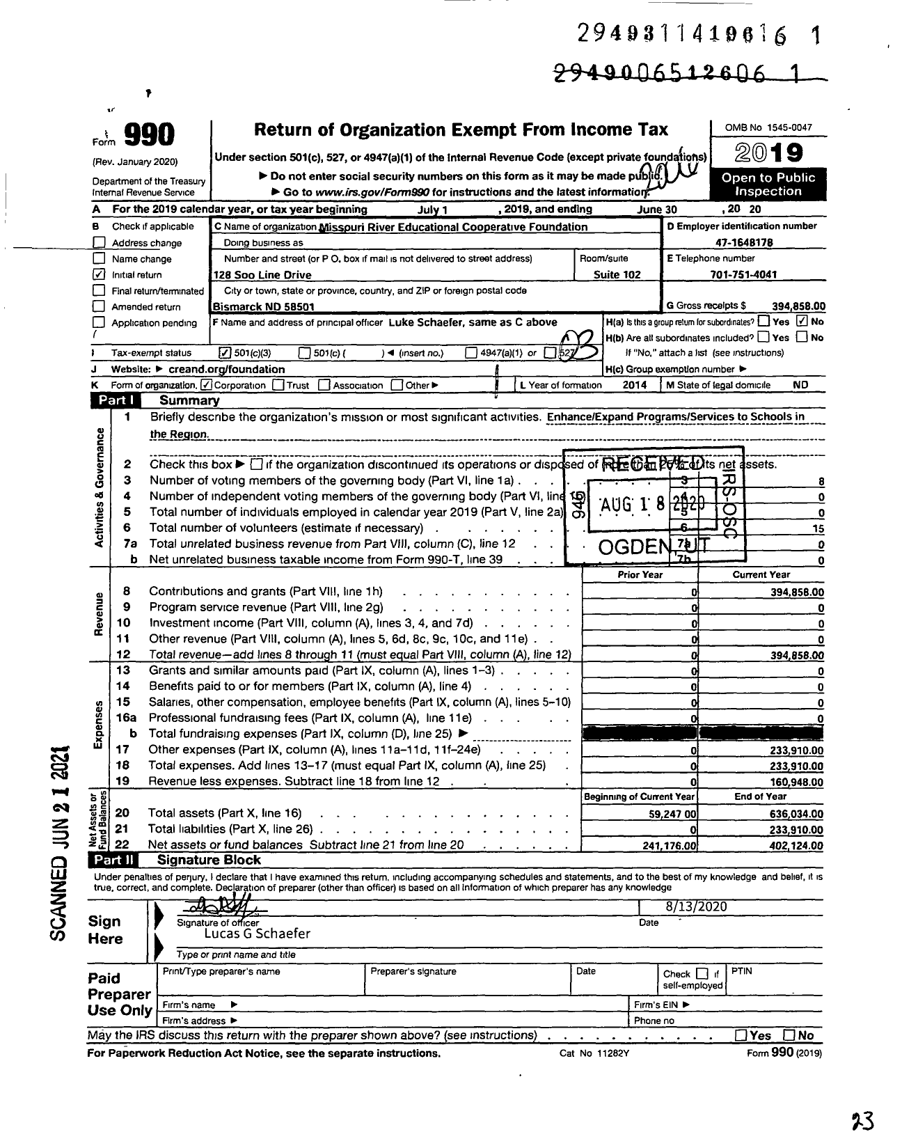 Image of first page of 2019 Form 990 for Missouri River Educational Cooperative Foundation