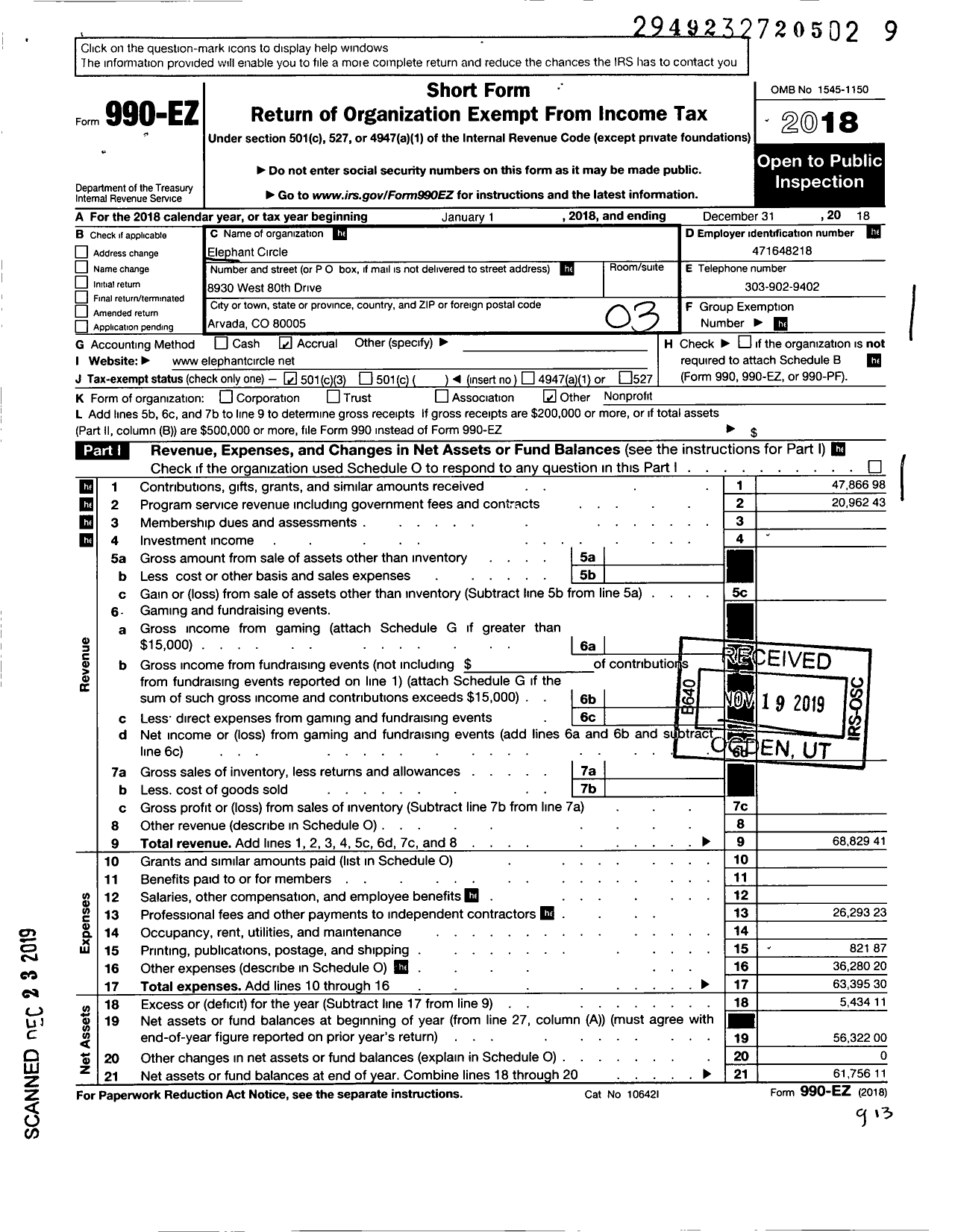 Image of first page of 2018 Form 990EZ for Elephant Circle