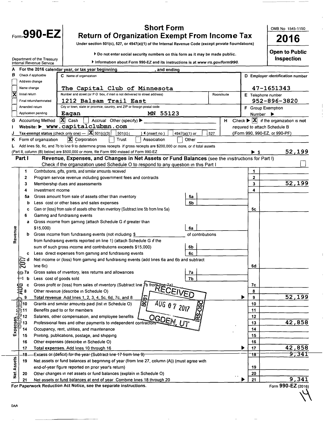 Image of first page of 2016 Form 990EZ for Capital Club of Minnesota