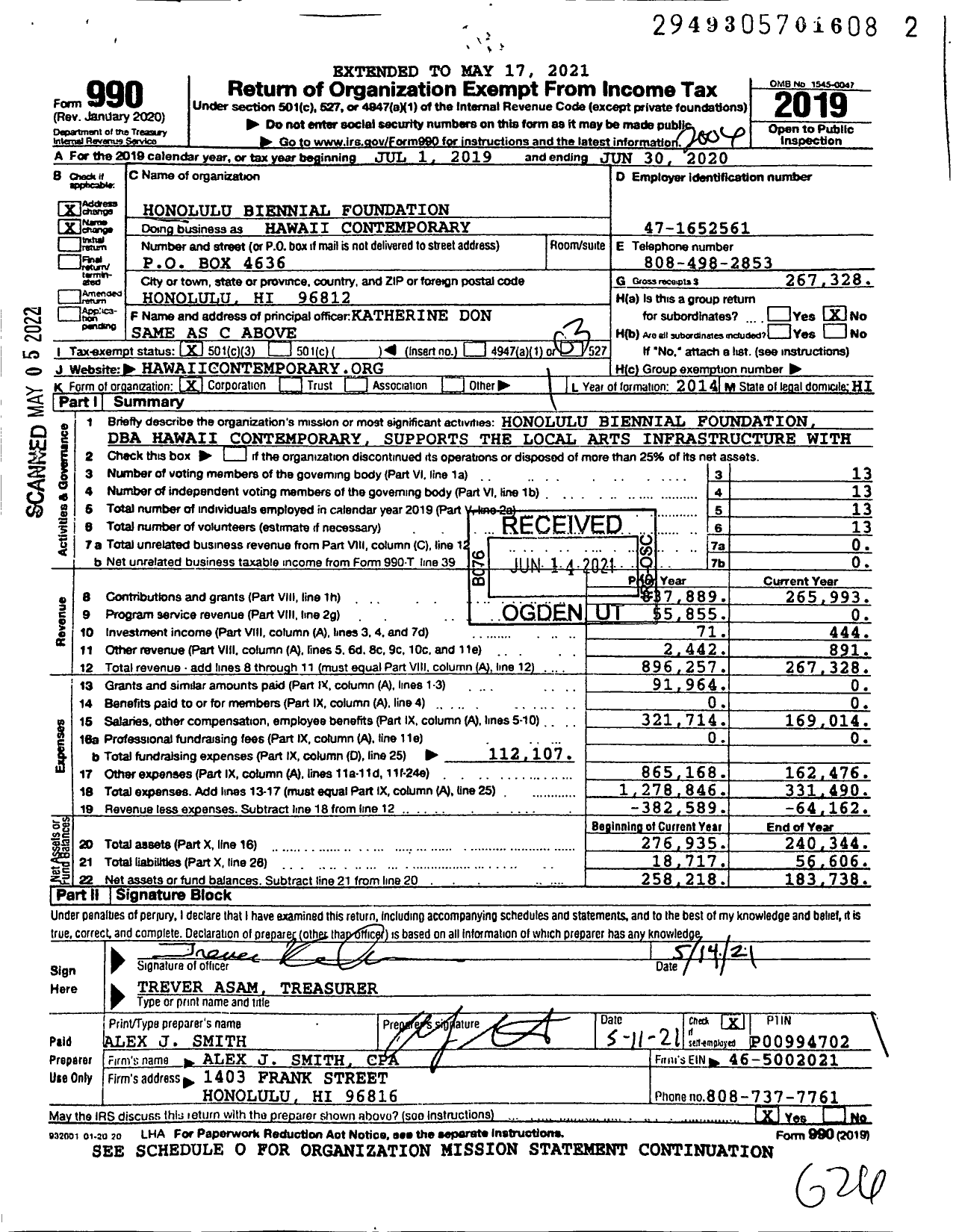 Image of first page of 2019 Form 990 for Hawaii Contemporary