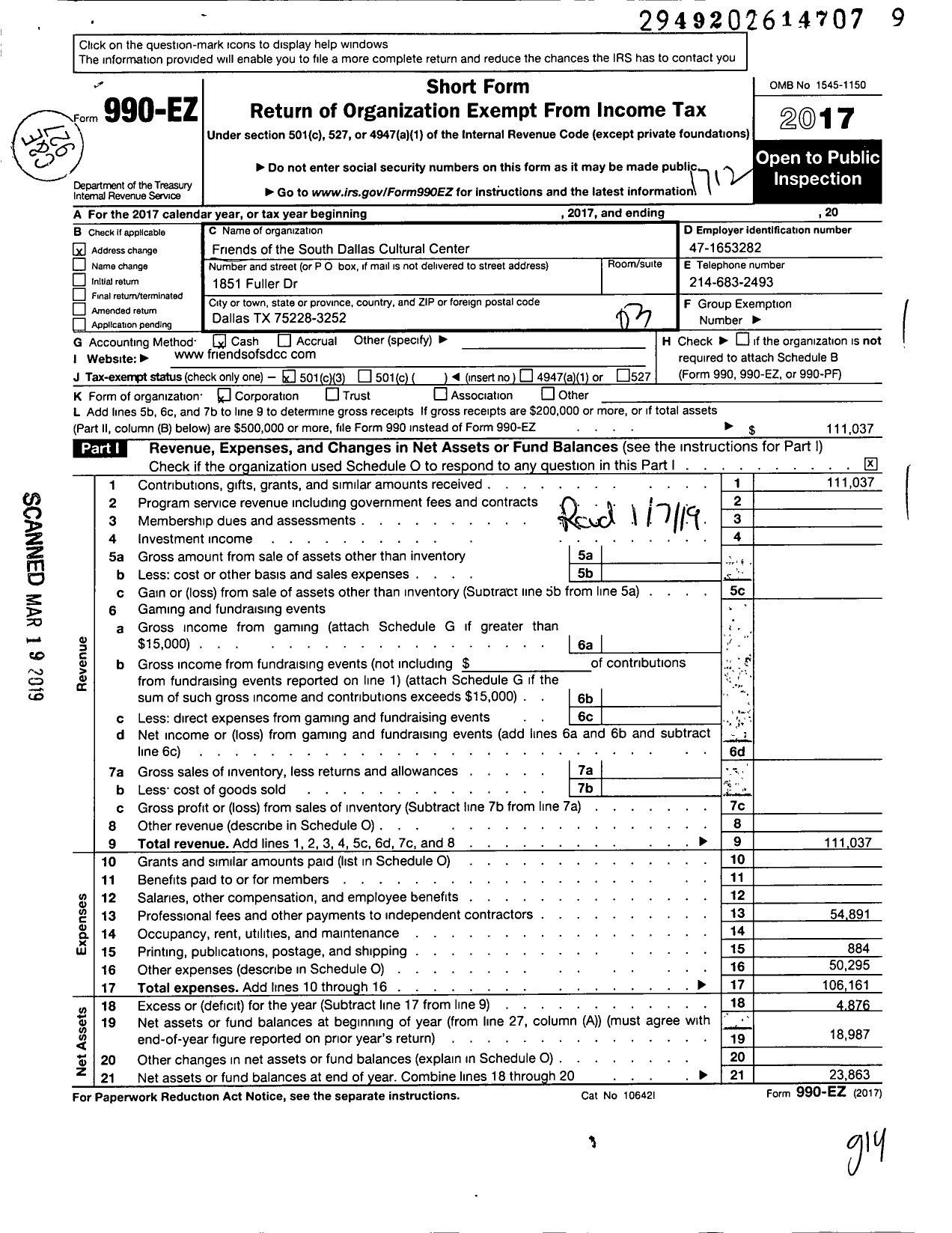 Image of first page of 2017 Form 990EZ for Friends of the South Dallas Cultural Center